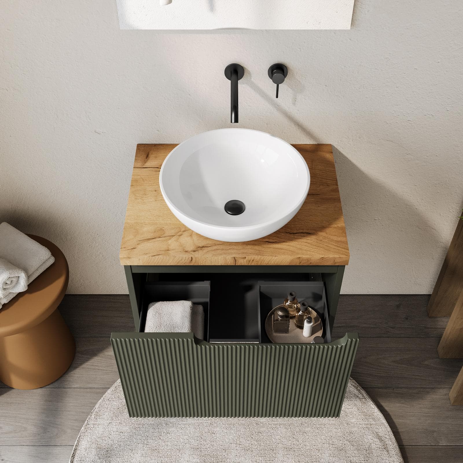 Mobile bagno sospeso 60 cm verde cemento cannettato con top rovere gold e specchio - Konai