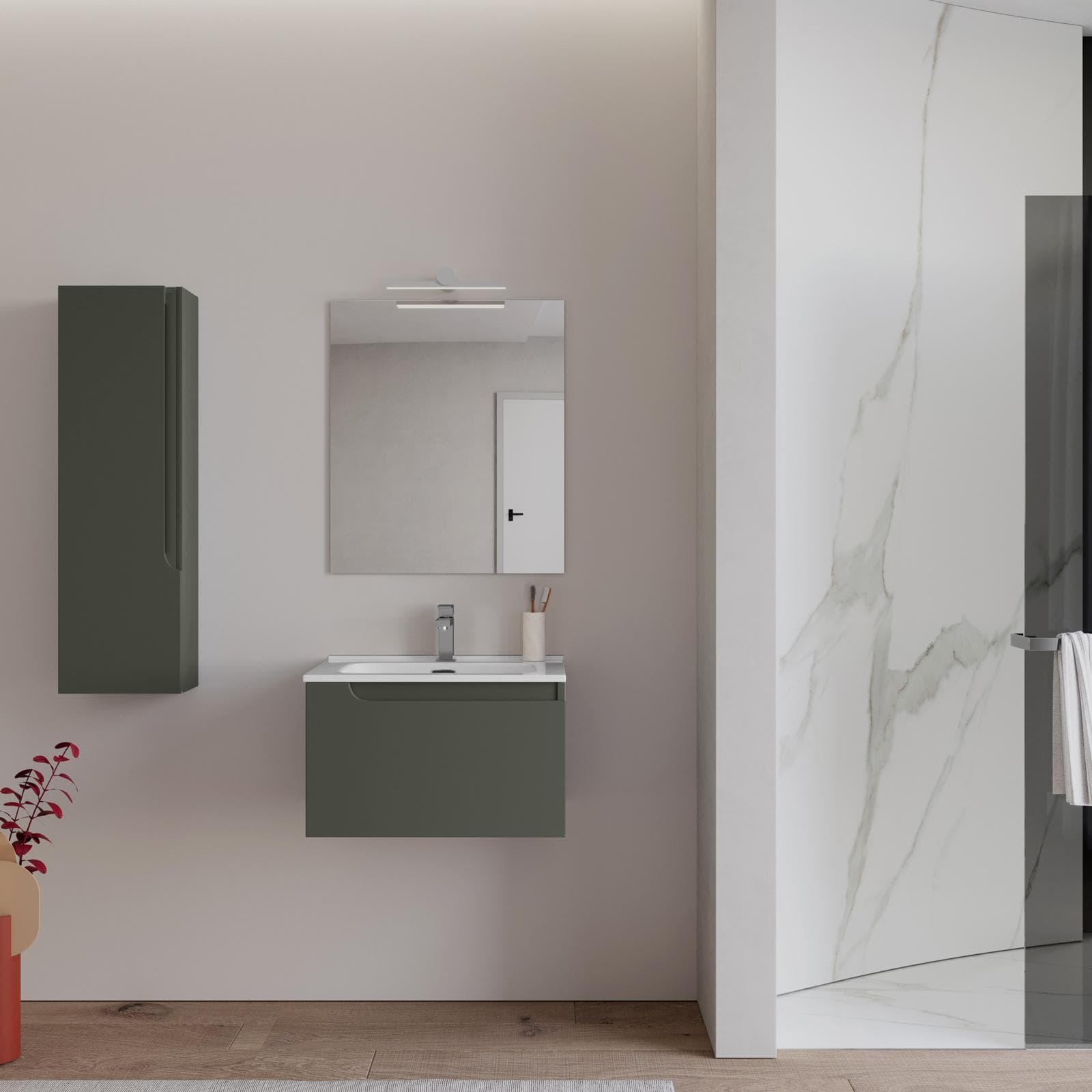 Mobile bagno sospeso 60 cm verde cemento con lavabo e specchio - Agave