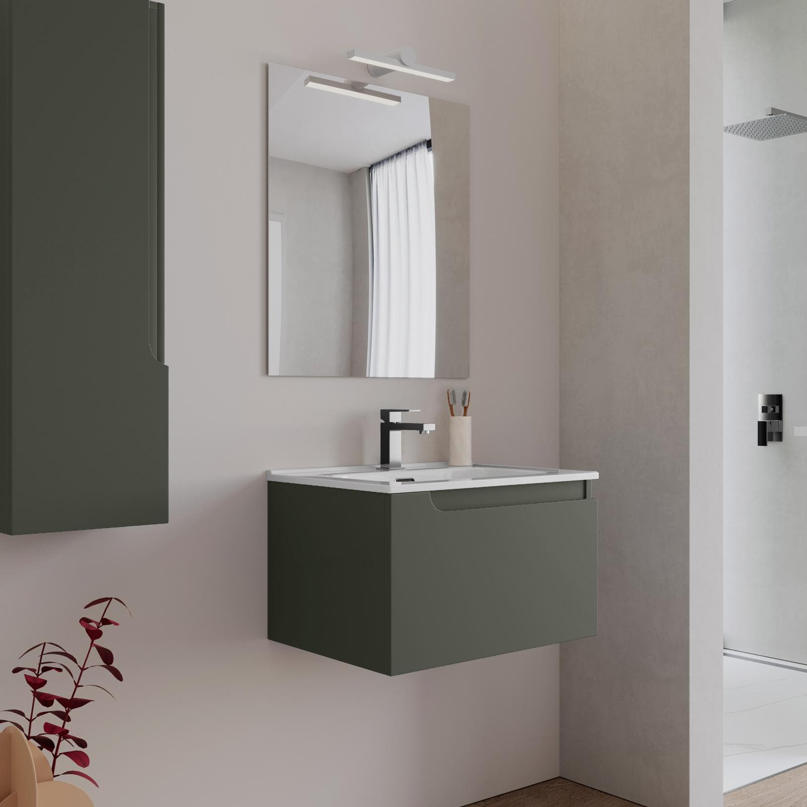 Mobile bagno sospeso 60 cm verde cemento con lavabo e specchio - Agave