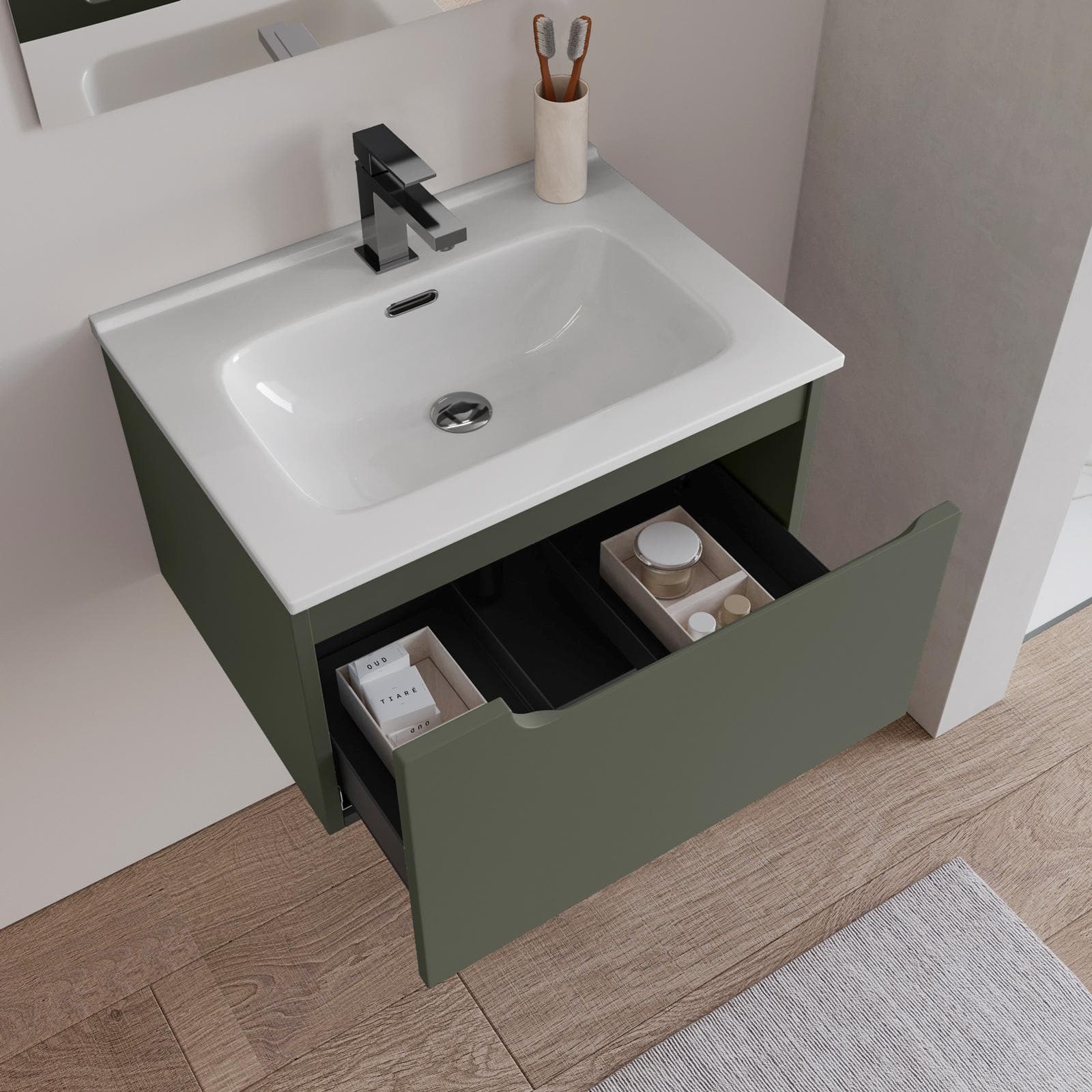 Mobile bagno sospeso 60 cm verde cemento con lavabo e specchio - Agave