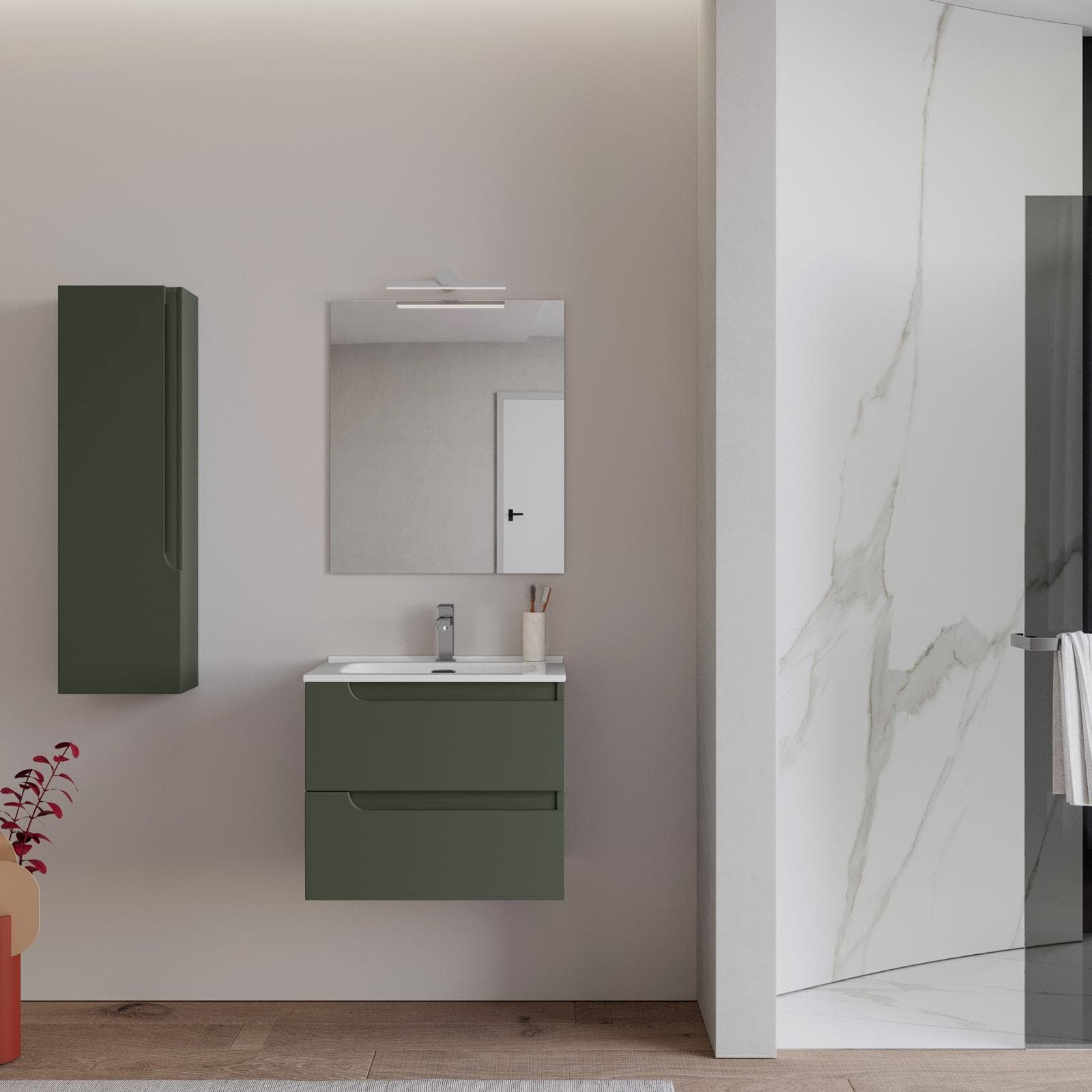 Mobile bagno sospeso 60 cm verde cemento con lavabo e specchio - Agave Plus