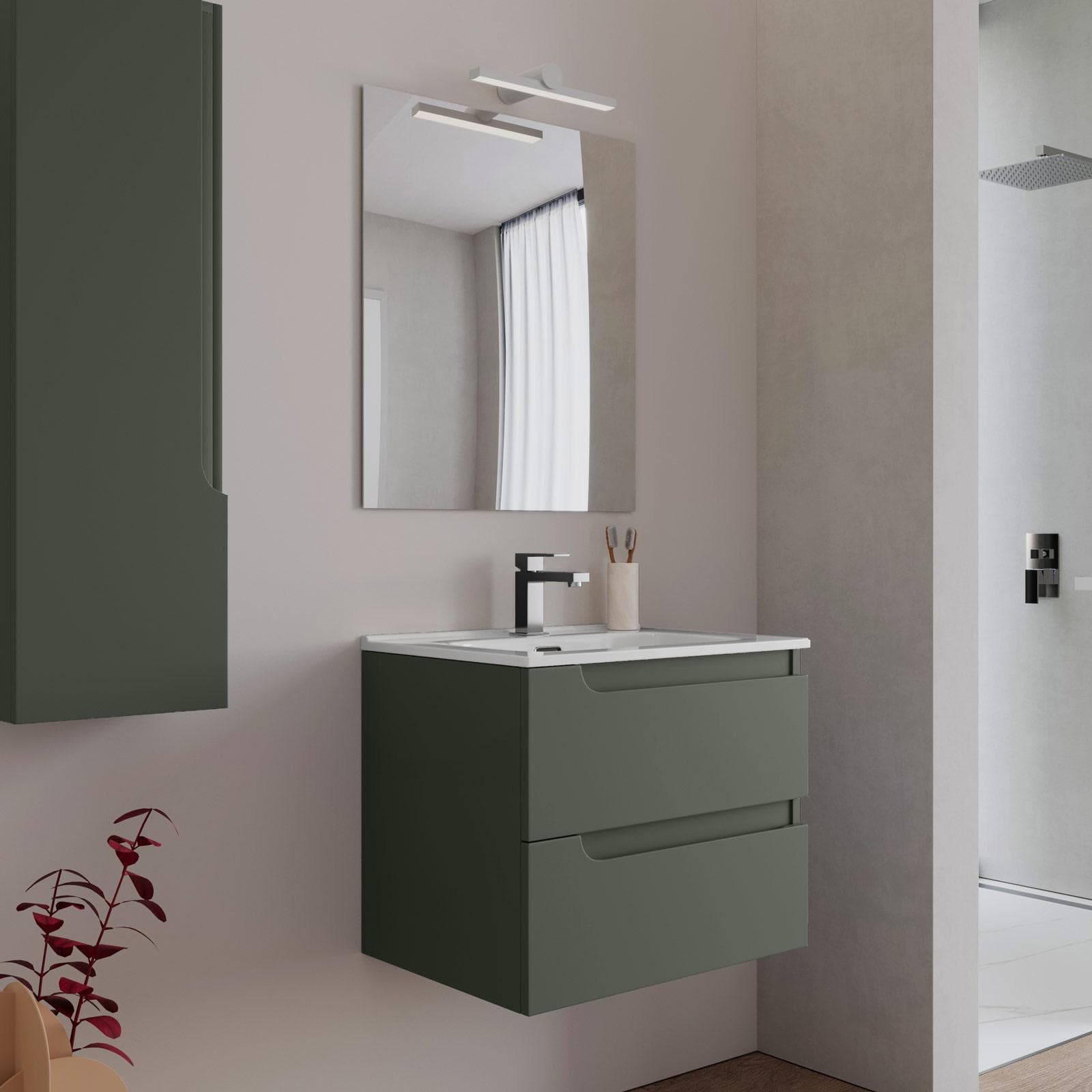 Mobile bagno sospeso 60 cm verde cemento con lavabo e specchio - Agave Plus