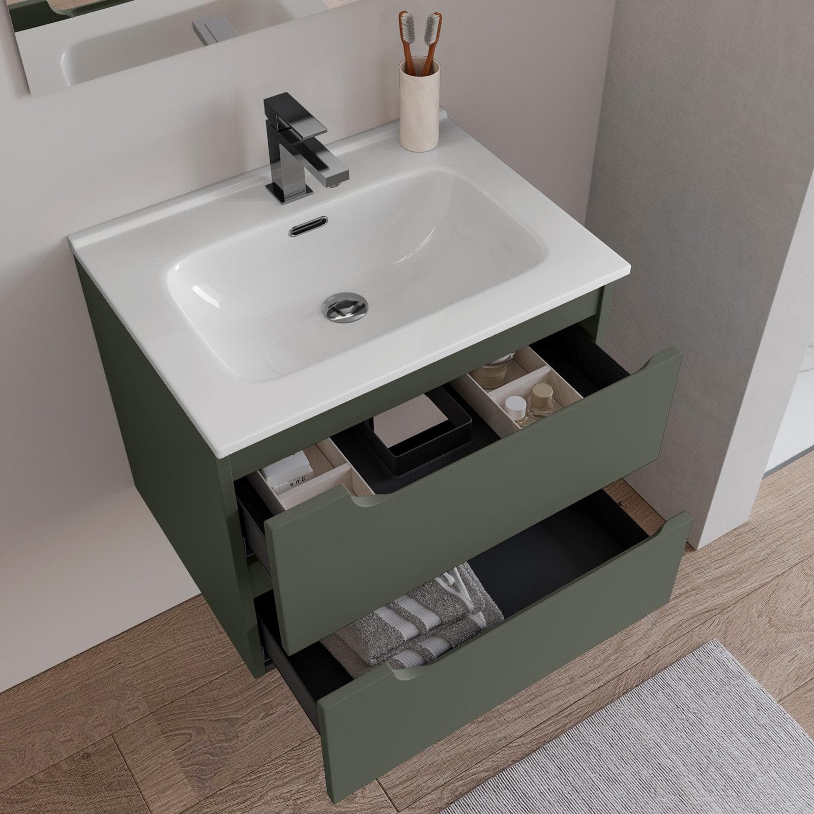 Mobile bagno sospeso 60 cm verde cemento con lavabo e specchio - Agave Plus
