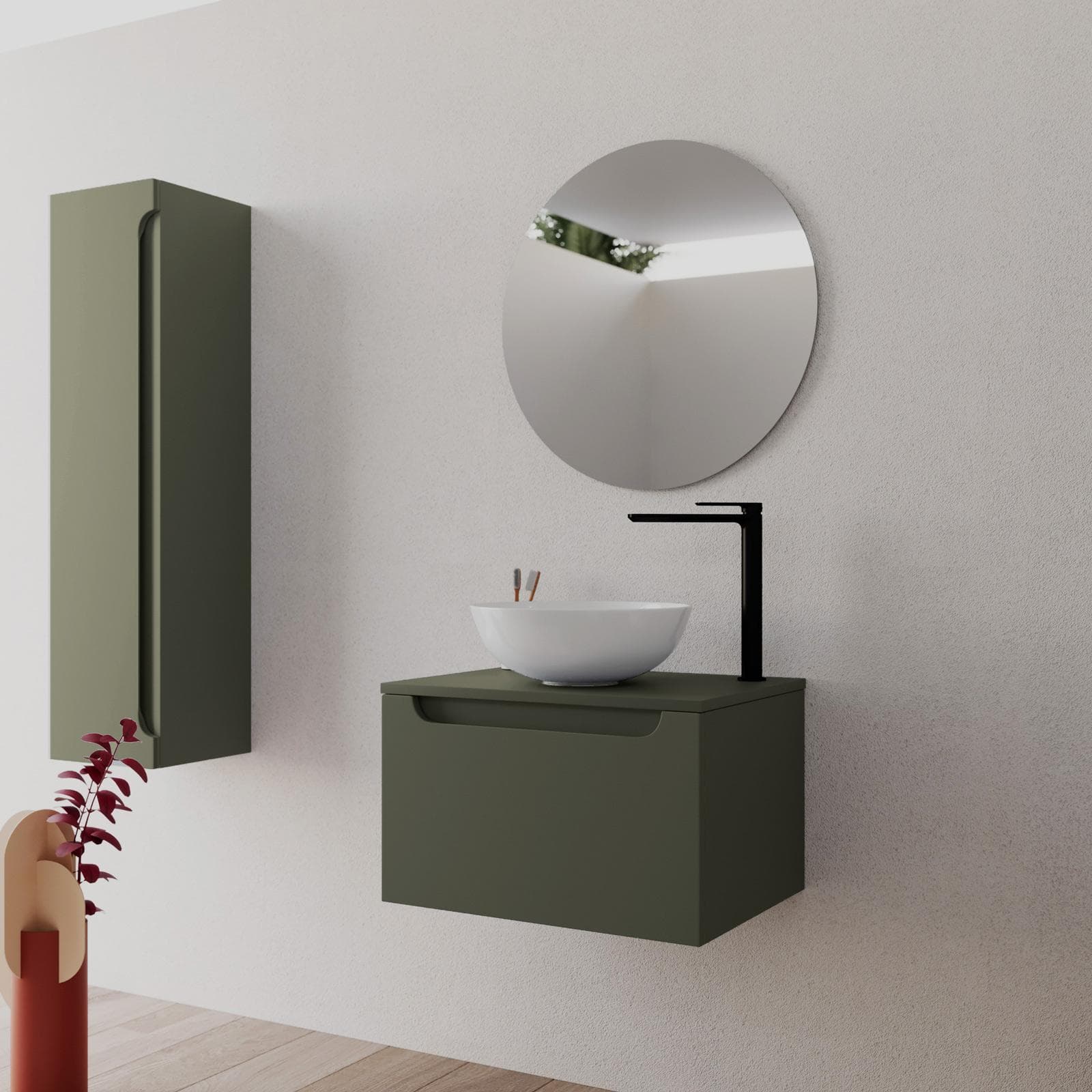 Mobile bagno sospeso 60 cm verde cemento con top e specchio - Sleek