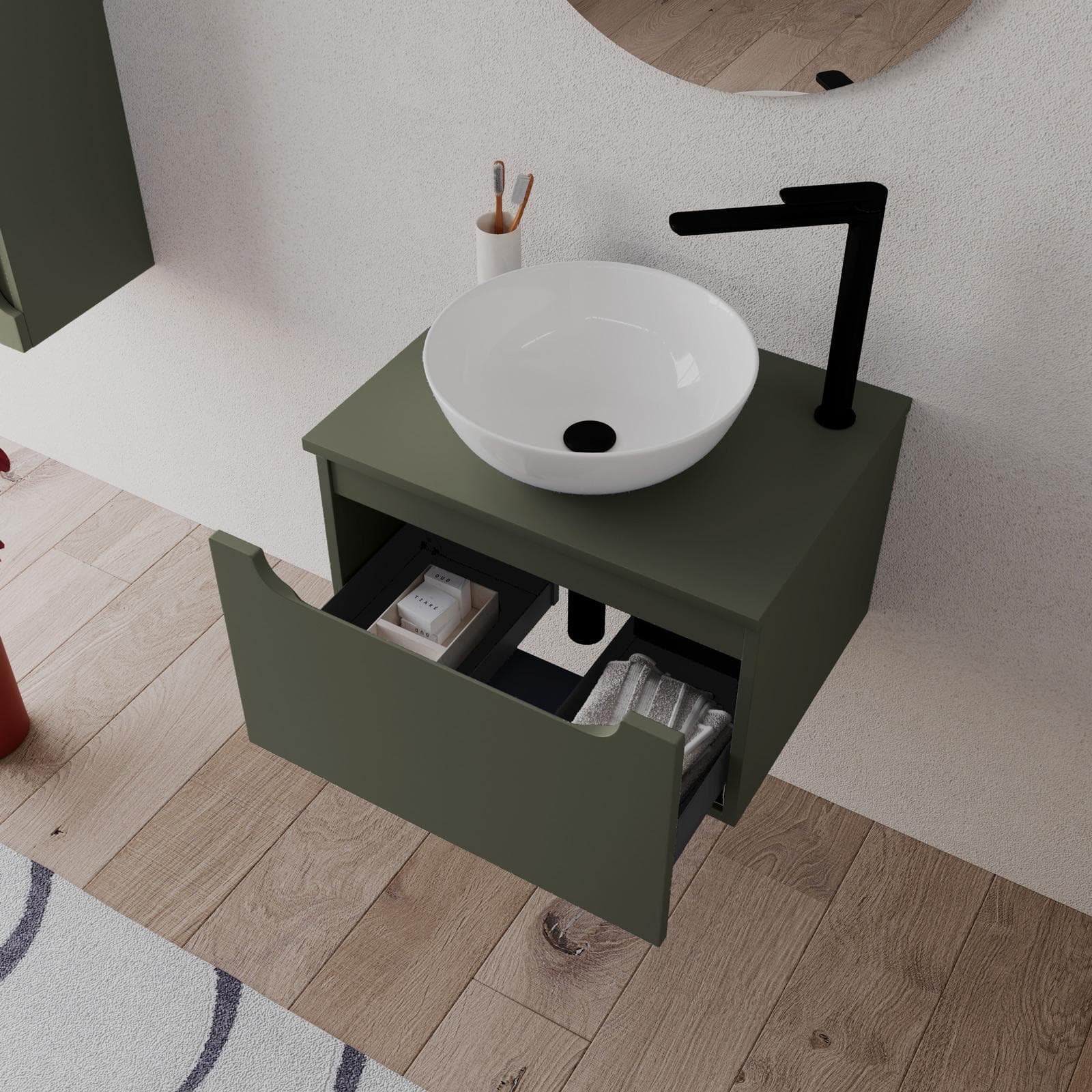 Mobile bagno sospeso 60 cm verde cemento con top e specchio - Sleek