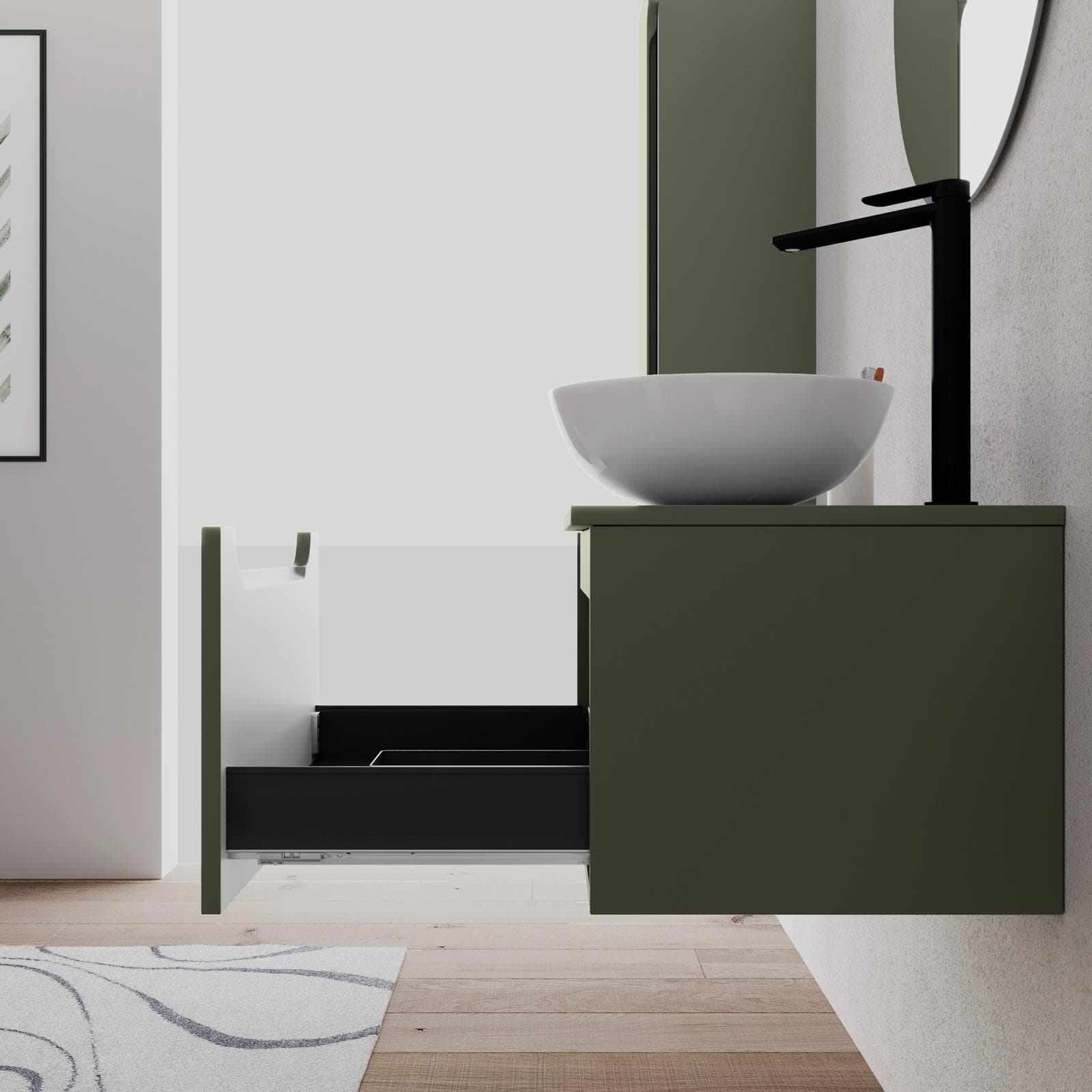 Mobile bagno sospeso 60 cm verde cemento con top e specchio - Sleek