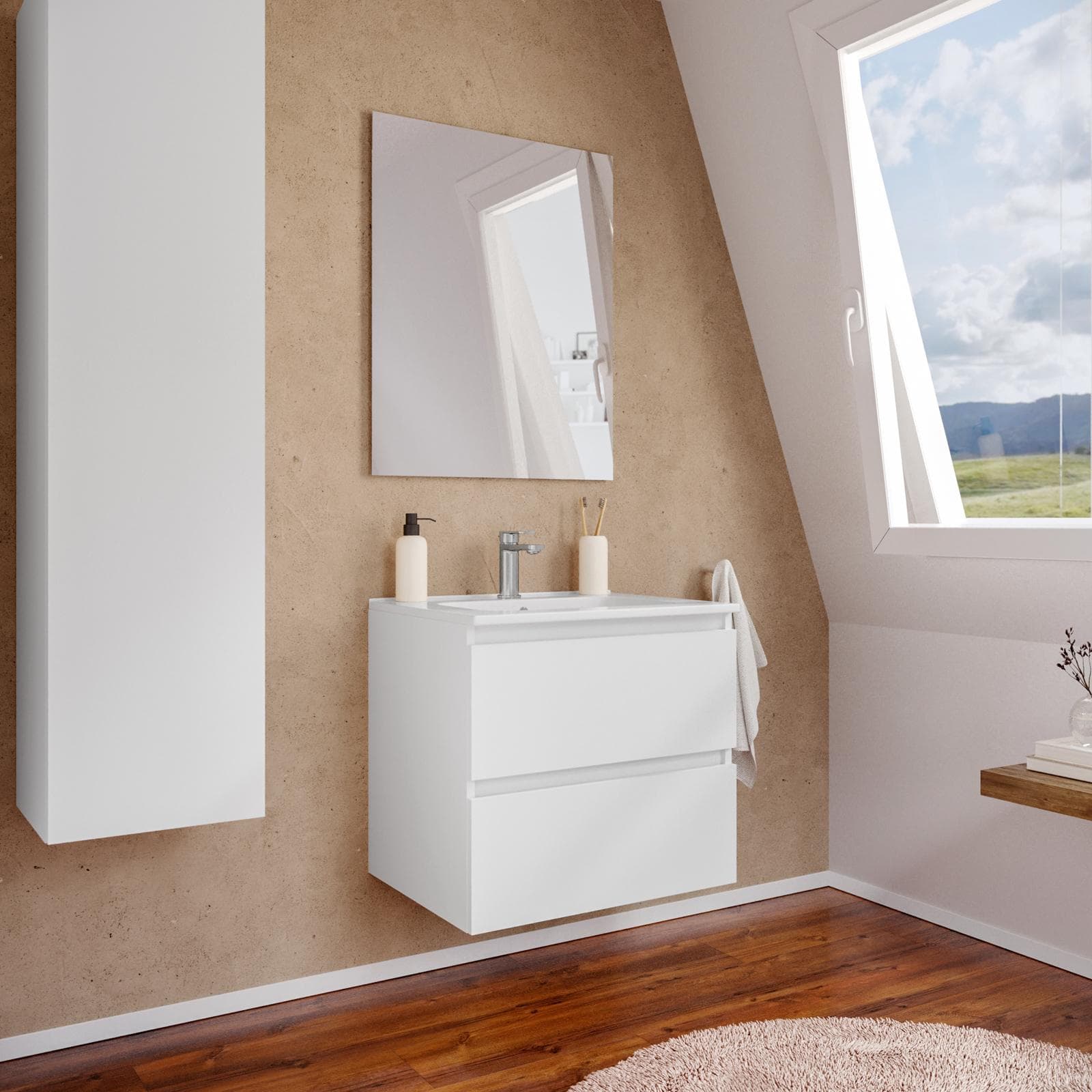 Mobile bagno sospeso 70 cm bianco opaco con lavabo integrato e specchio - Anami