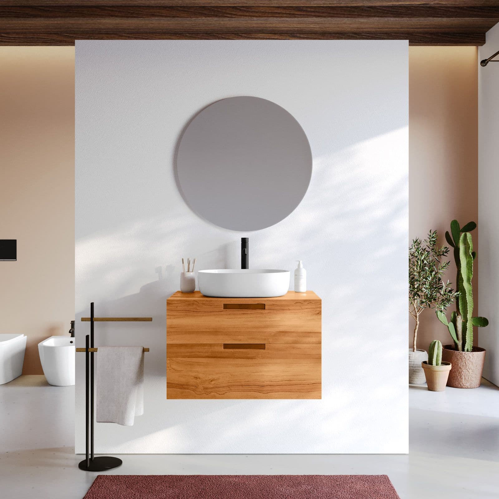 Mobile bagno sospeso 70 cm con 2 cassetti in legno teak chiaro - Kala