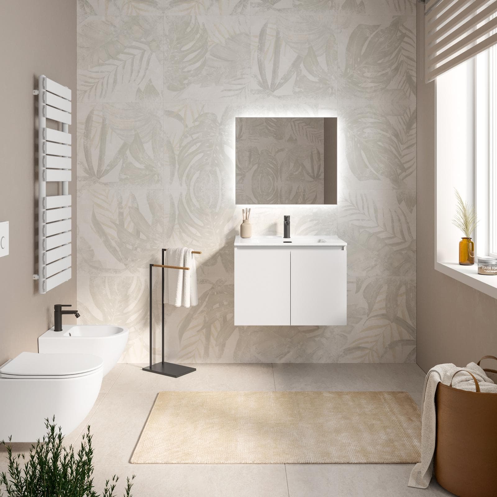 Mobile bagno sospeso 70 cm bianco opaco con lavabo e specchio - Cuki