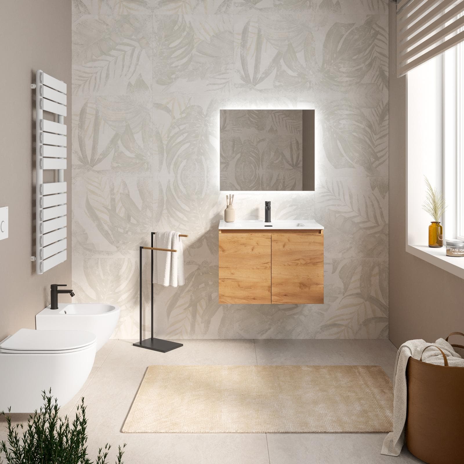 Mobile bagno sospeso 70 cm rovere gold con lavabo e specchio - Cuki