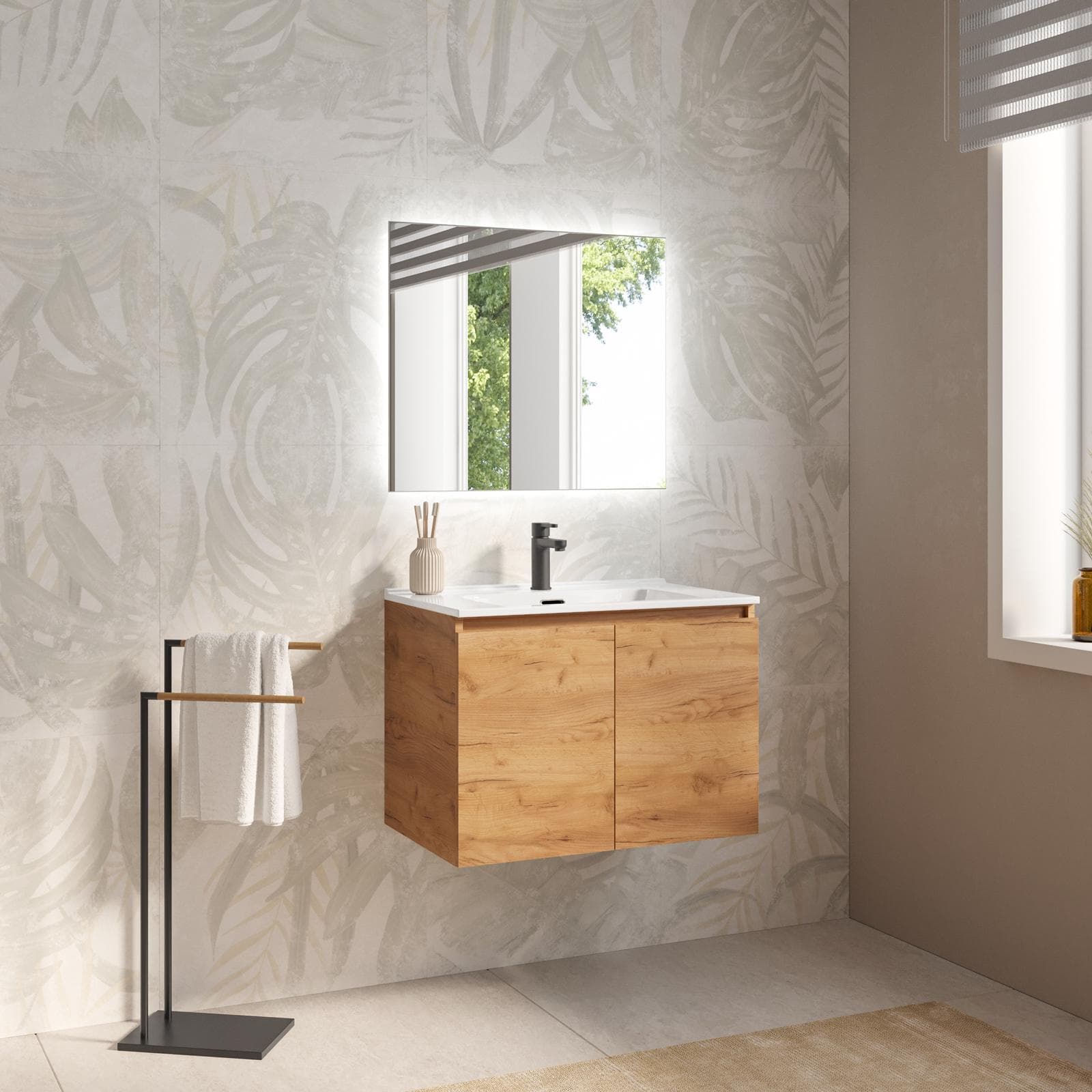 Mobile bagno sospeso 70 cm rovere gold con lavabo e specchio - Cuki