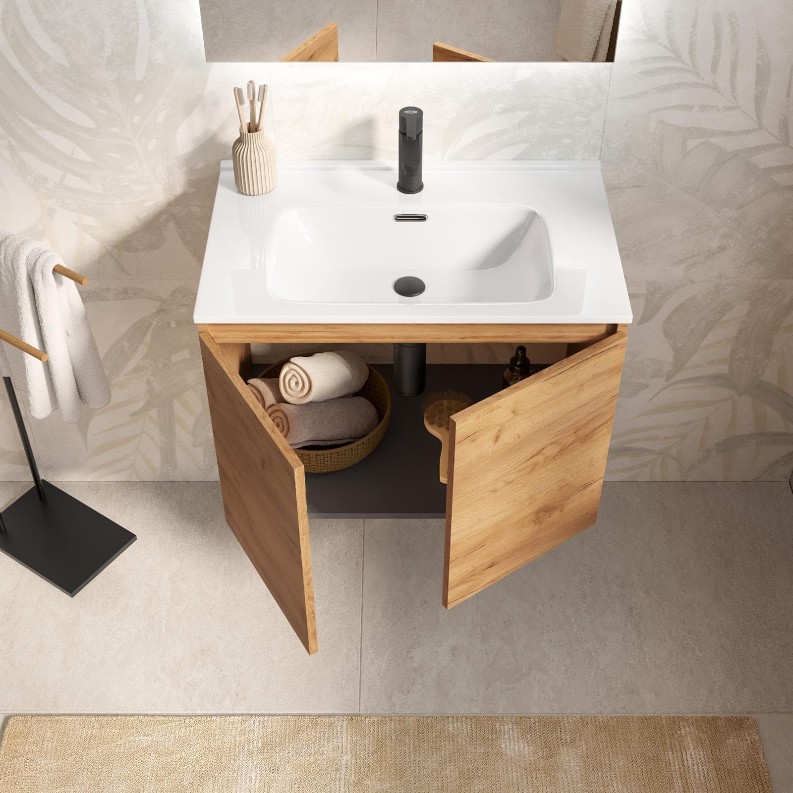 Mobile bagno sospeso 70 cm rovere gold con lavabo e specchio - Cuki