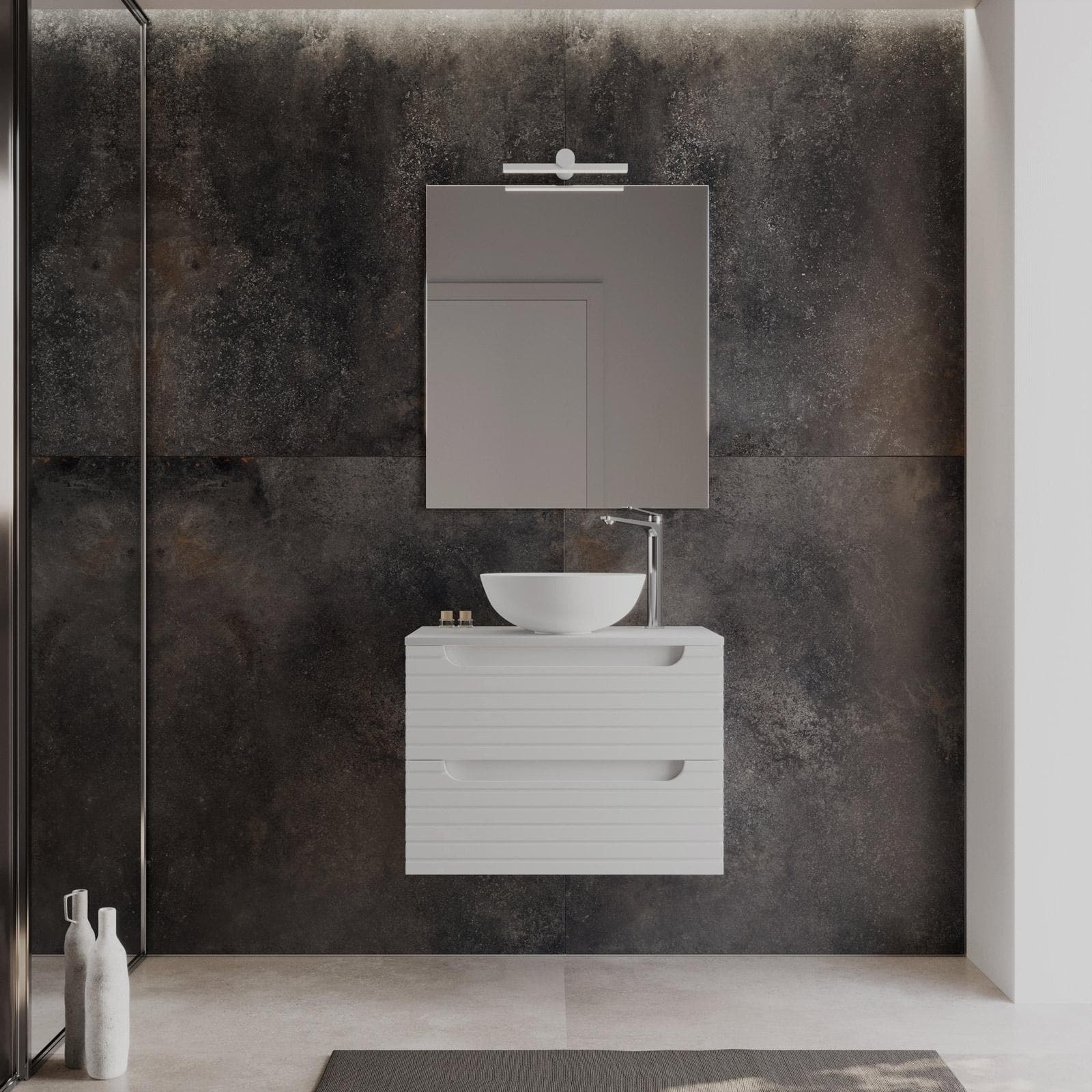 Mobile bagno sospeso 70 cm con cassetti bianco opaco cannettato con top e specchio - Deck