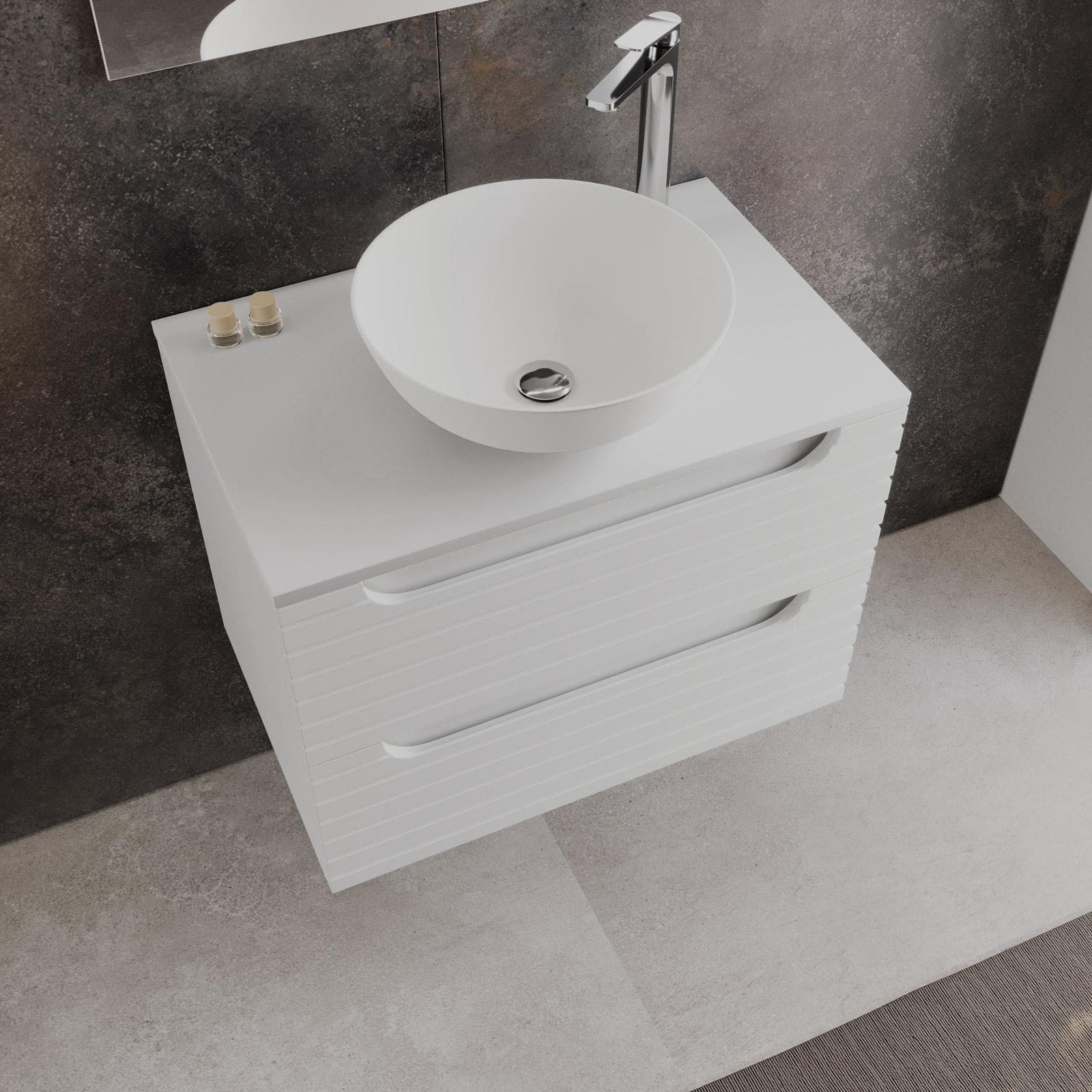 Mobile bagno sospeso 70 cm con cassetti bianco opaco cannettato con top e specchio - Deck