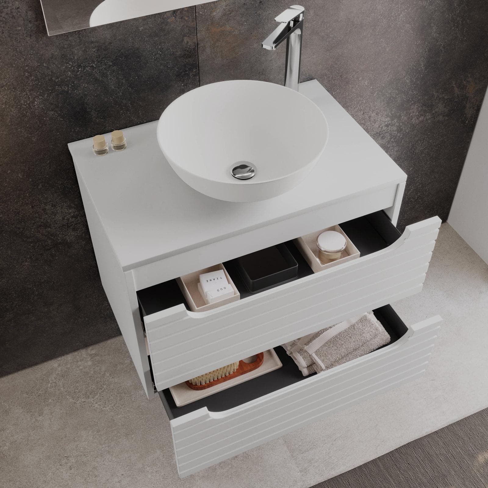 Mobile bagno sospeso 70 cm con cassetti bianco opaco cannettato con top e specchio - Deck