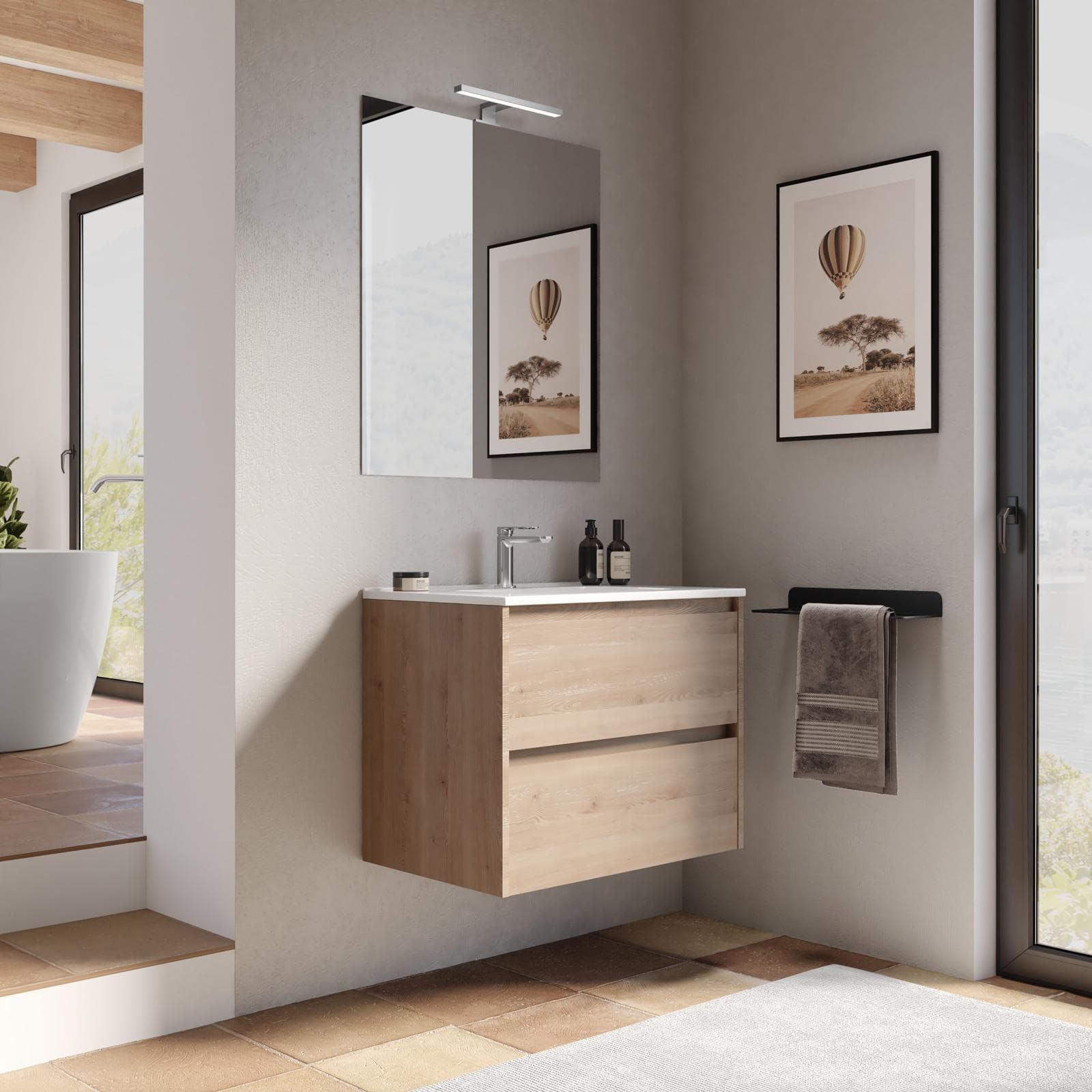 Mobile bagno sospeso 70 cm rovere atlas con cassetti e lavabo con specchio - Medora