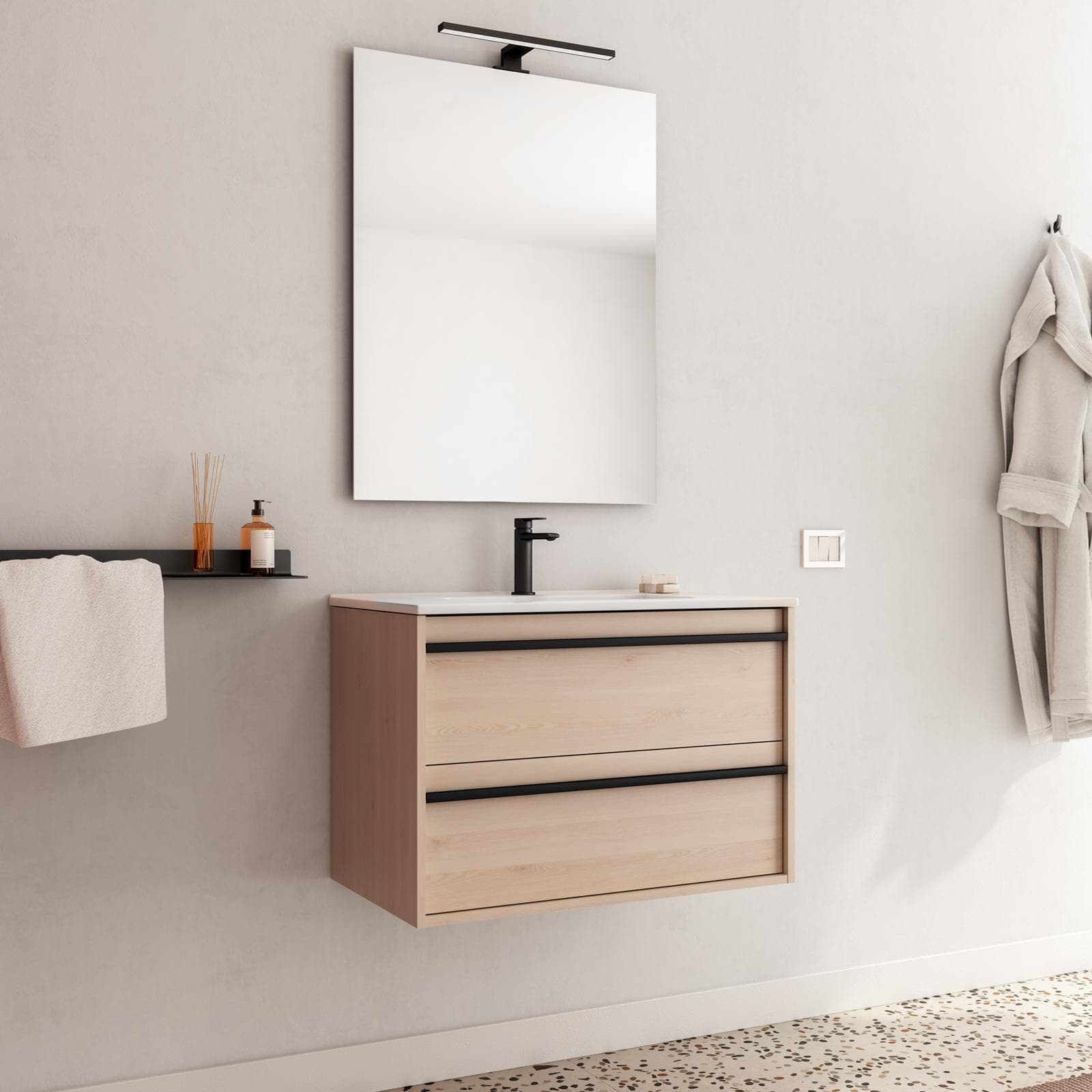 Mobile bagno sospeso 70 cm rovere atlas con lavabo e specchio - Maestro