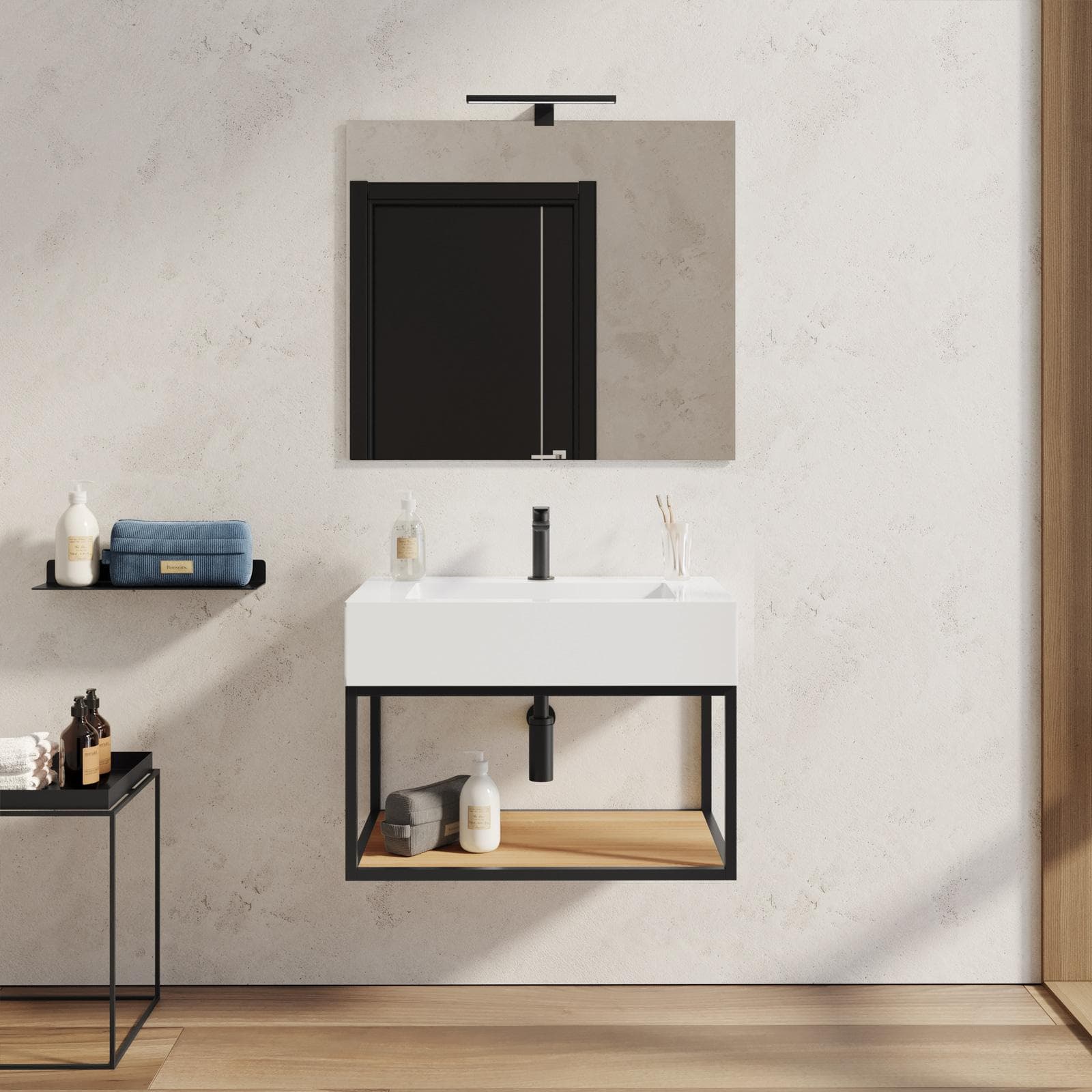Mobile bagno sospeso 70 cm nero e rovere con top lavabo e specchio - Axis