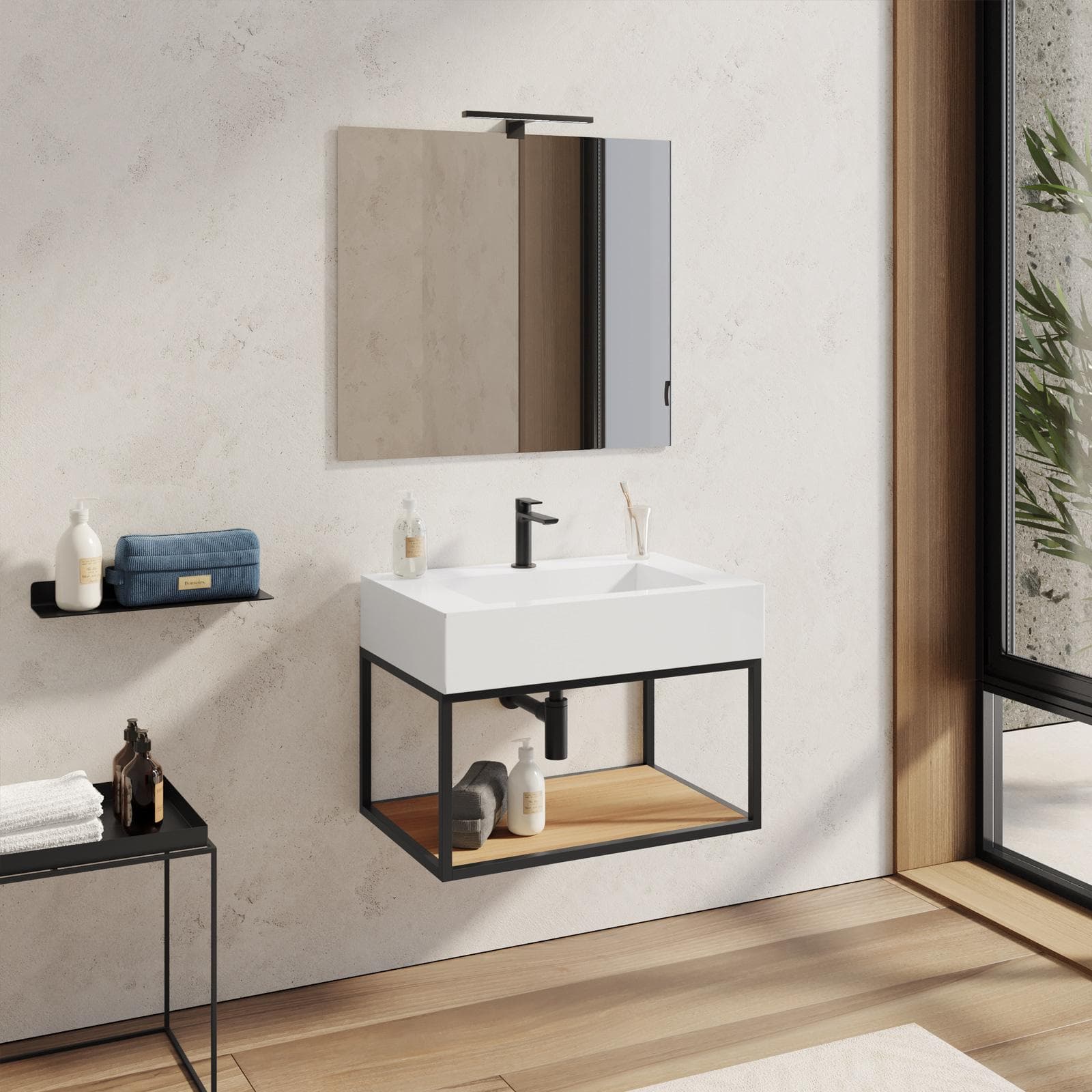 Mobile bagno sospeso 70 cm nero e rovere con top lavabo e specchio - Axis