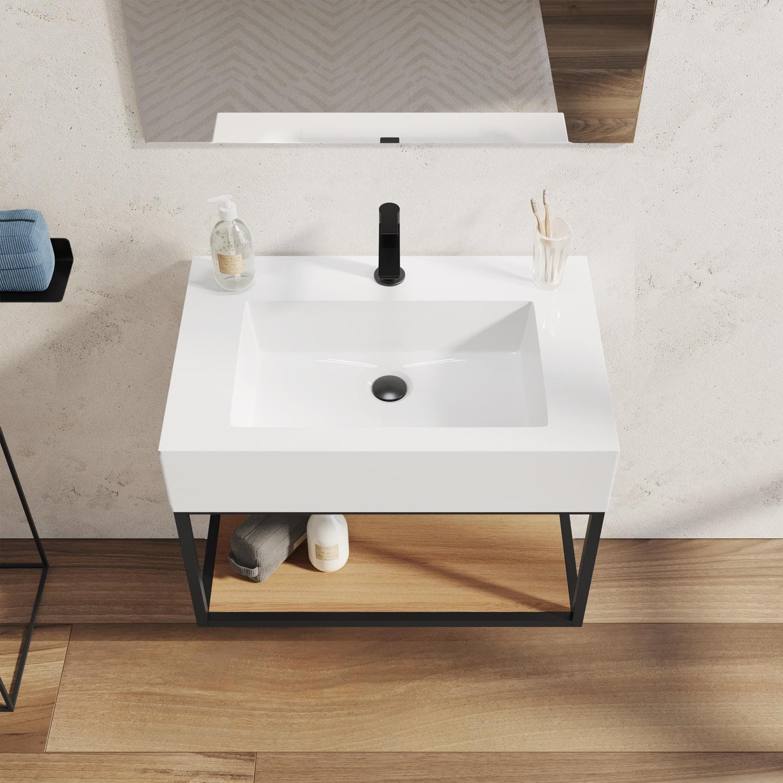 Mobile bagno sospeso 70 cm nero e rovere con top lavabo e specchio - Axis
