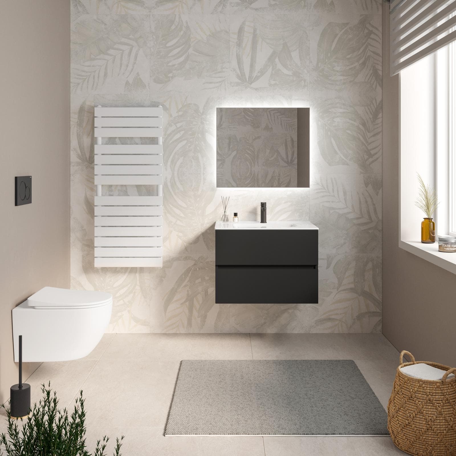 Mobile bagno sospeso 70 cm nero opaco con cassetti e lavabo con specchio - Cuki