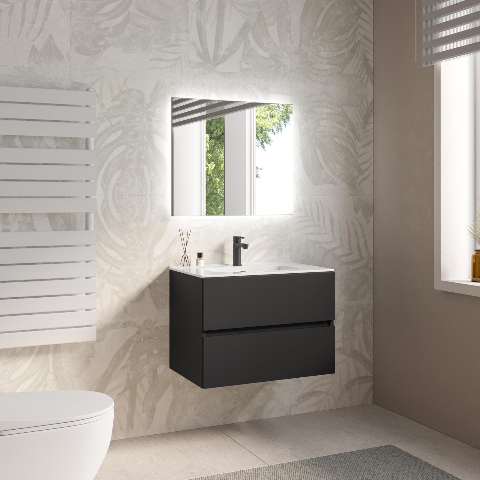 Mobile bagno sospeso 70 cm nero opaco con cassetti e lavabo con specchio - Cuki