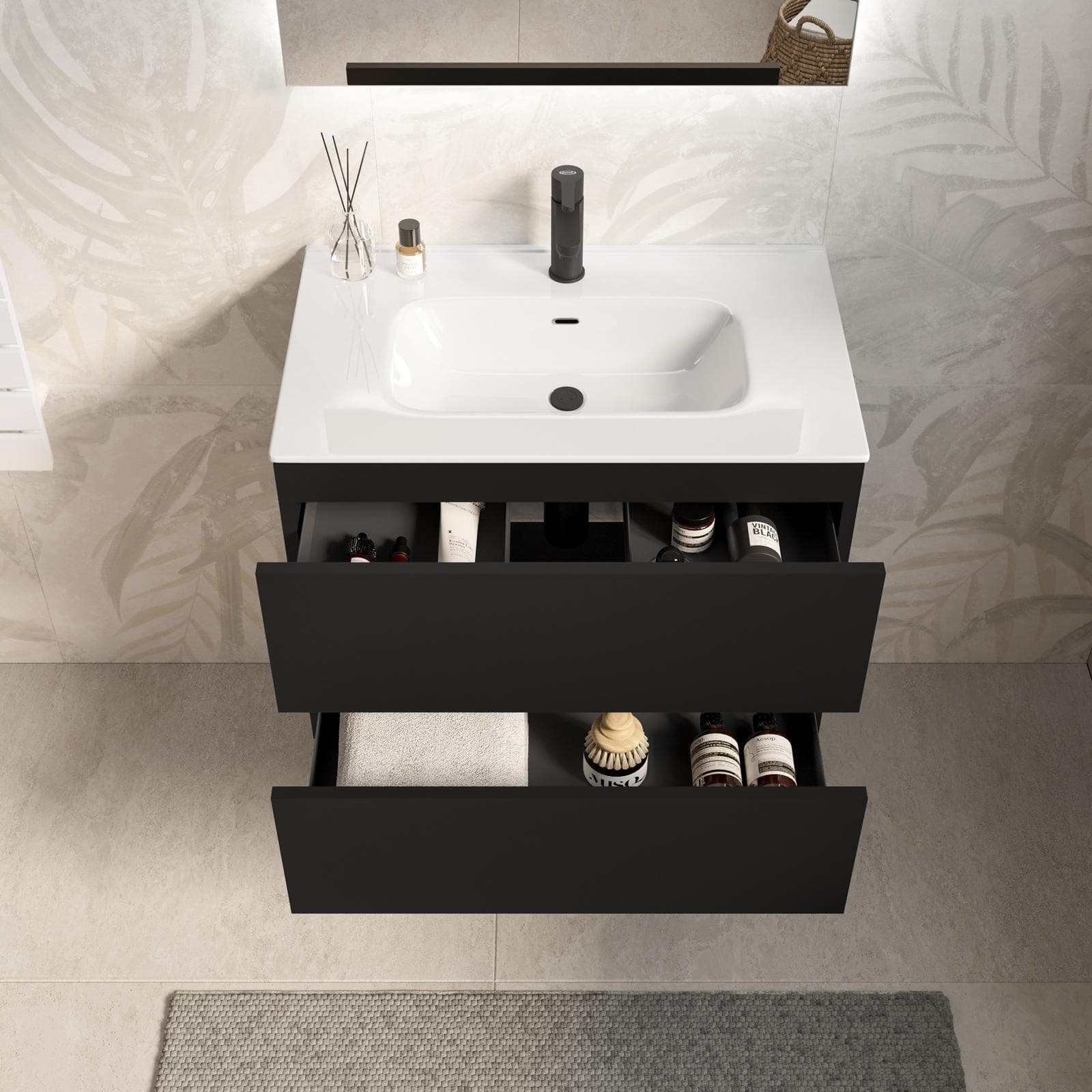 Mobile bagno sospeso 70 cm nero opaco con cassetti e lavabo con specchio - Cuki