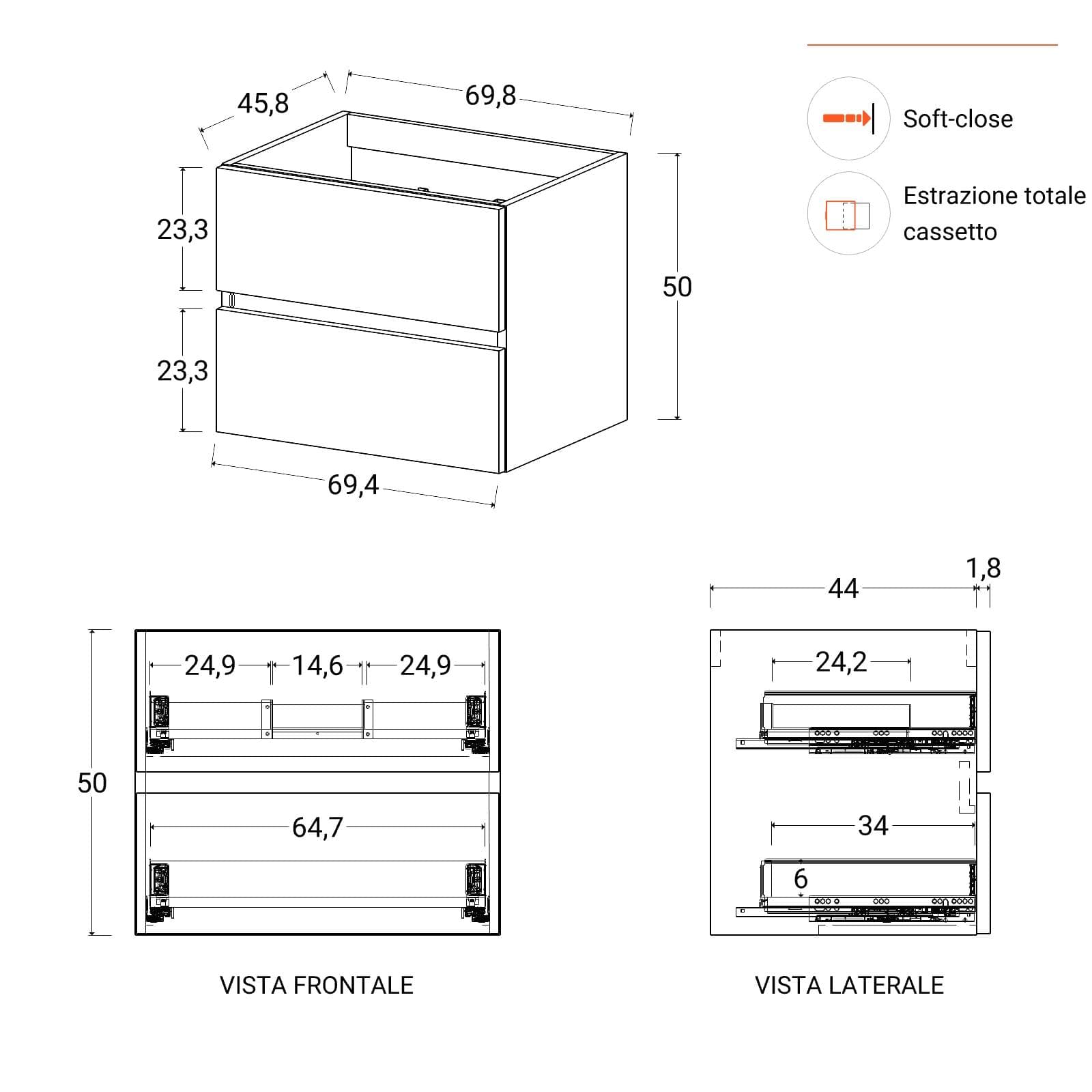 Mobile bagno sospeso 70 cm nero opaco con cassetti e lavabo con specchio - Cuki