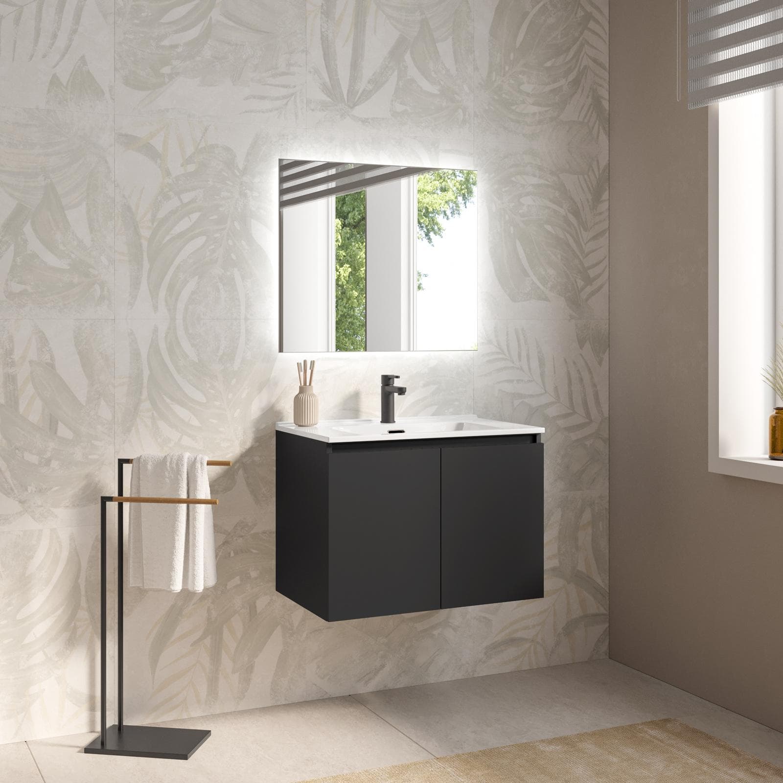 Mobile bagno sospeso 70 cm nero opaco con lavabo e specchio - Cuki