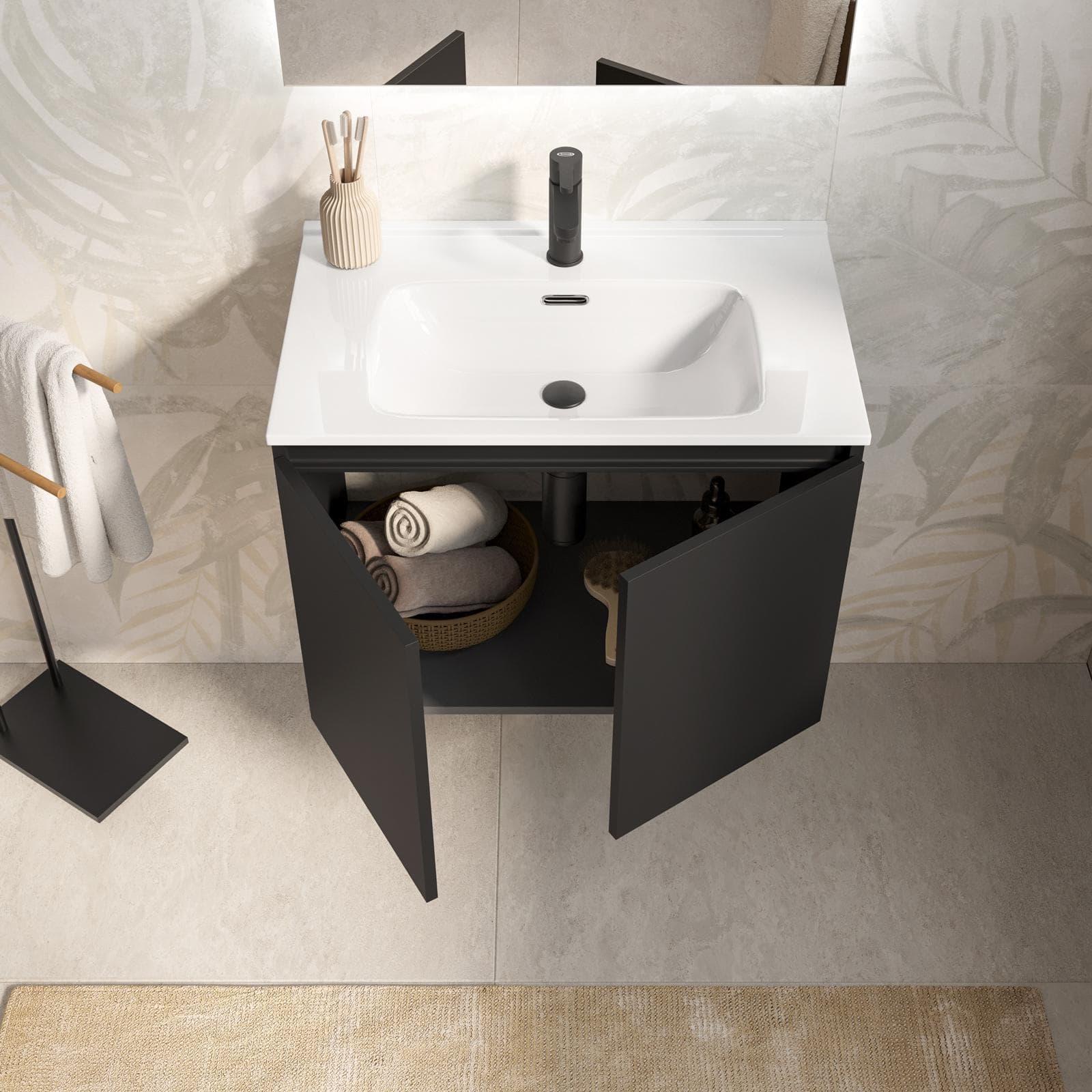 Mobile bagno sospeso 70 cm nero opaco con lavabo e specchio - Cuki