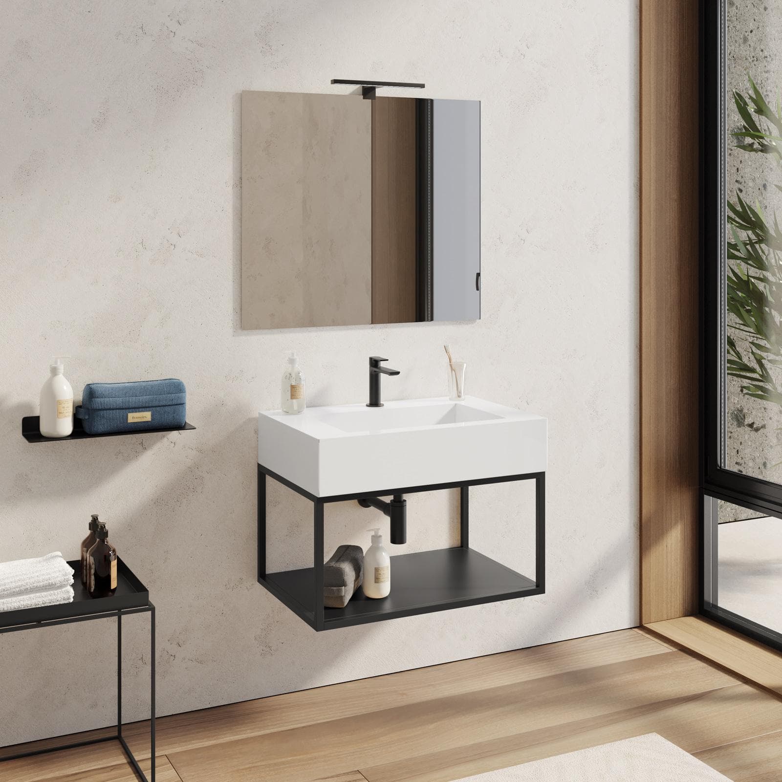 Mobile bagno sospeso 70 cm nero opaco con top lavabo e specchio - Axis