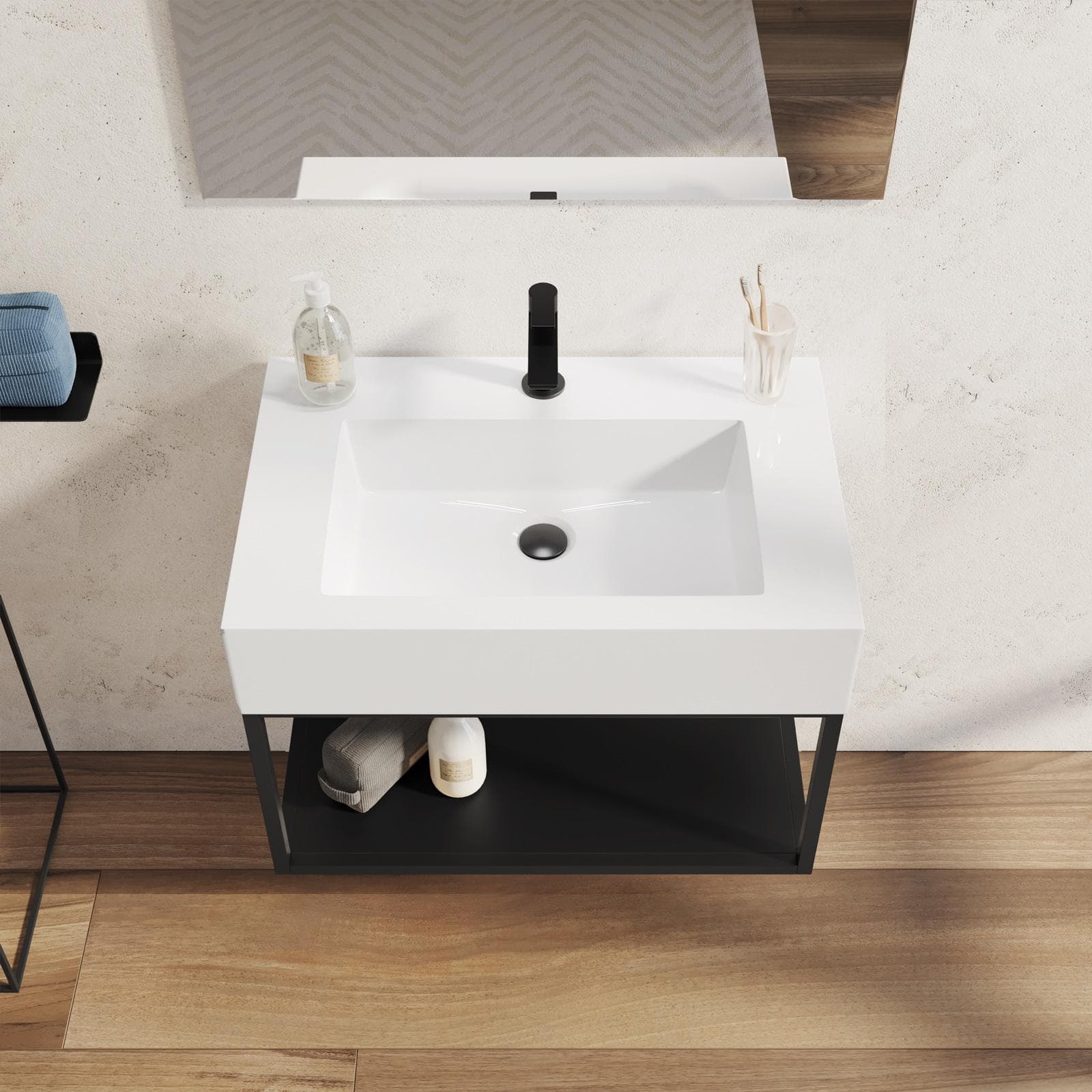 Mobile bagno sospeso 70 cm nero opaco con top lavabo e specchio - Axis