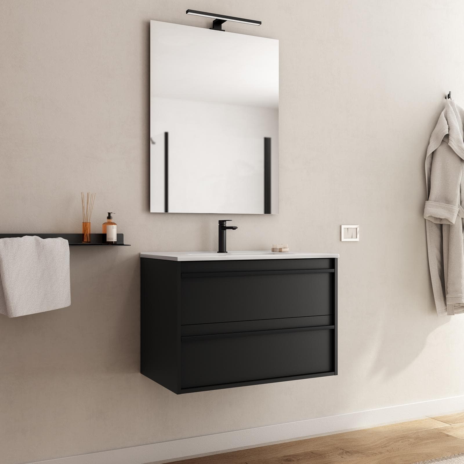 Mobile bagno sospeso 70 cm nero satinato con lavabo e specchio - Maestro