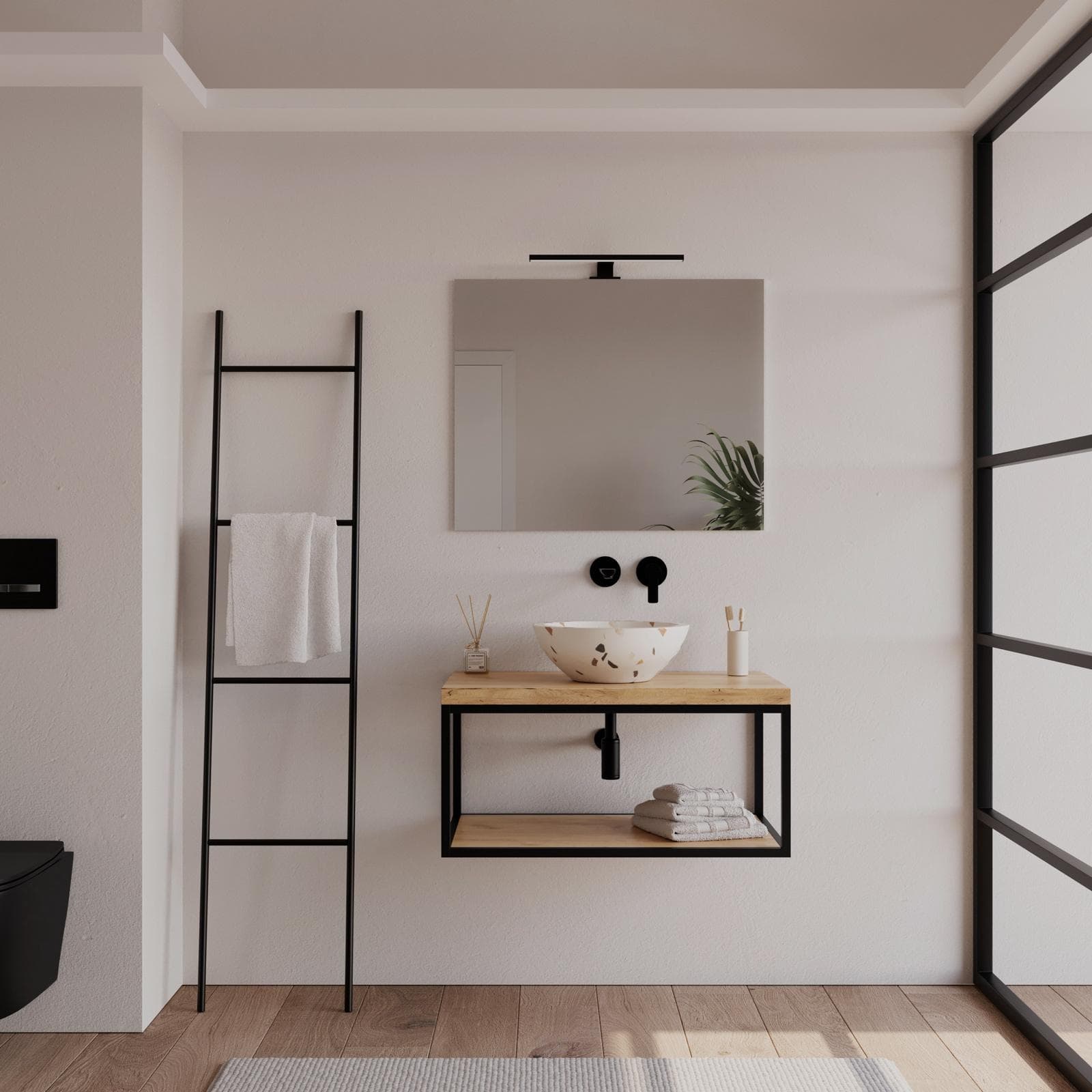 Mobile bagno sospeso 70 cm portalavabo nero e rovere con top 3,8 cm e specchio - Axis