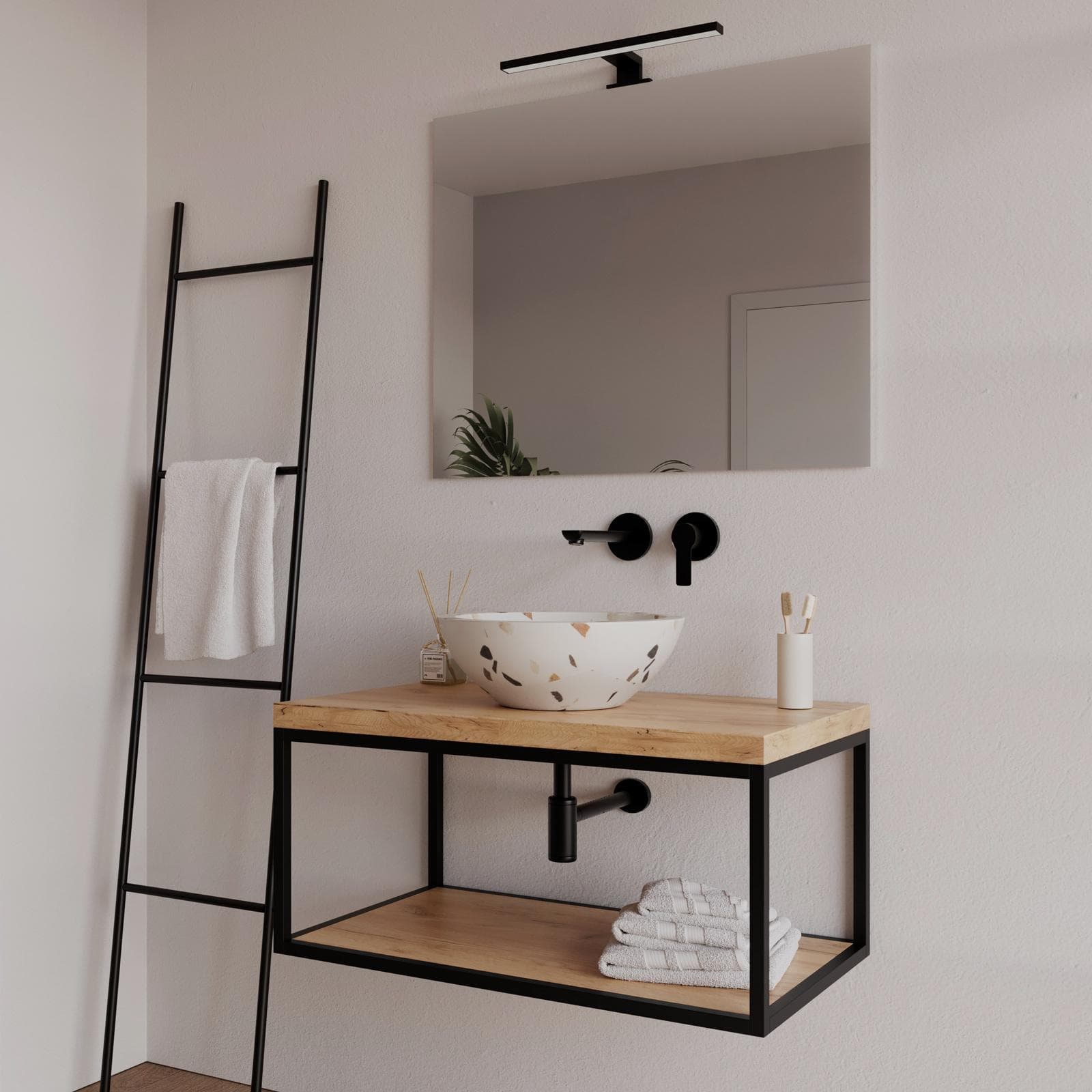 Mobile bagno sospeso 70 cm portalavabo nero e rovere con top 3,8 cm e specchio - Axis