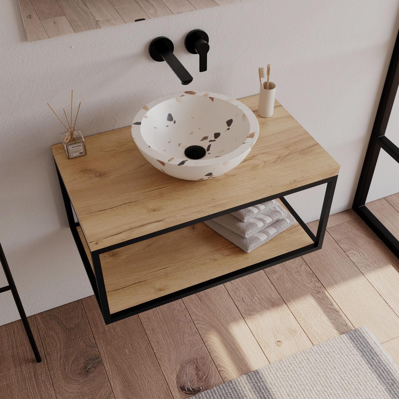 Mobile bagno sospeso 70 cm portalavabo nero e rovere con top 3,8 cm e specchio - Axis
