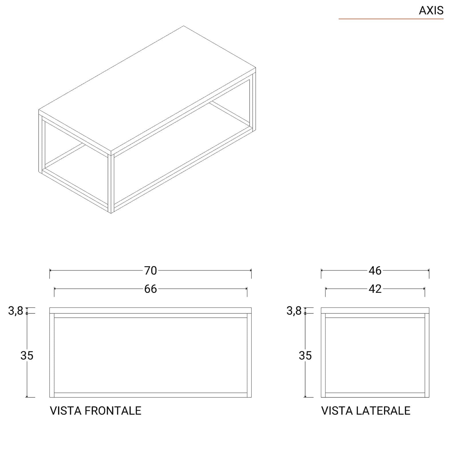 Mobile bagno sospeso 70 cm portalavabo nero e rovere con top 3,8 cm e specchio - Axis