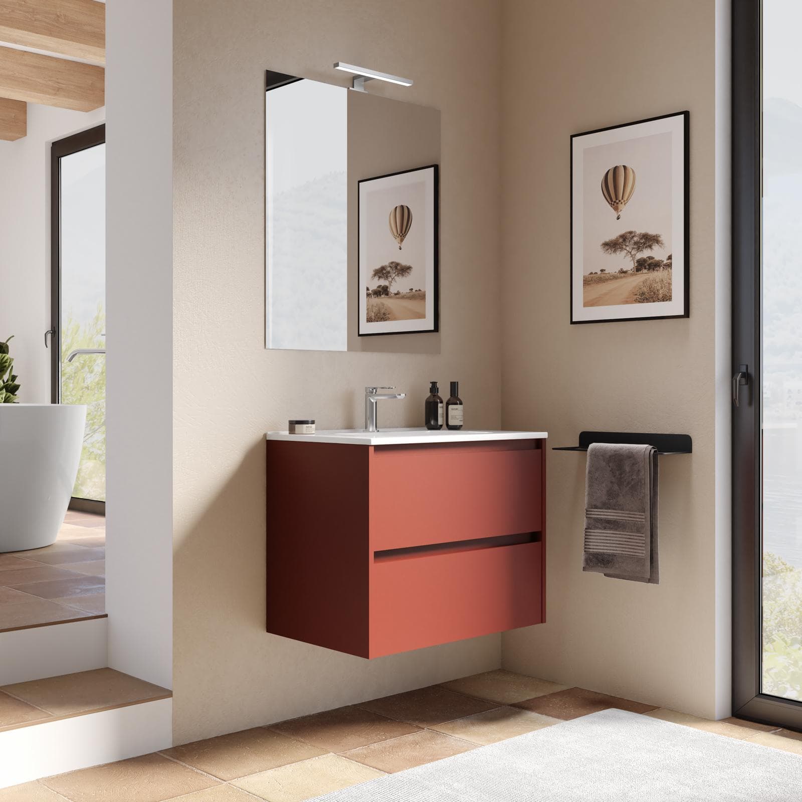 Mobile bagno sospeso 70 cm red satinato con cassetti e lavabo con specchio - Medora