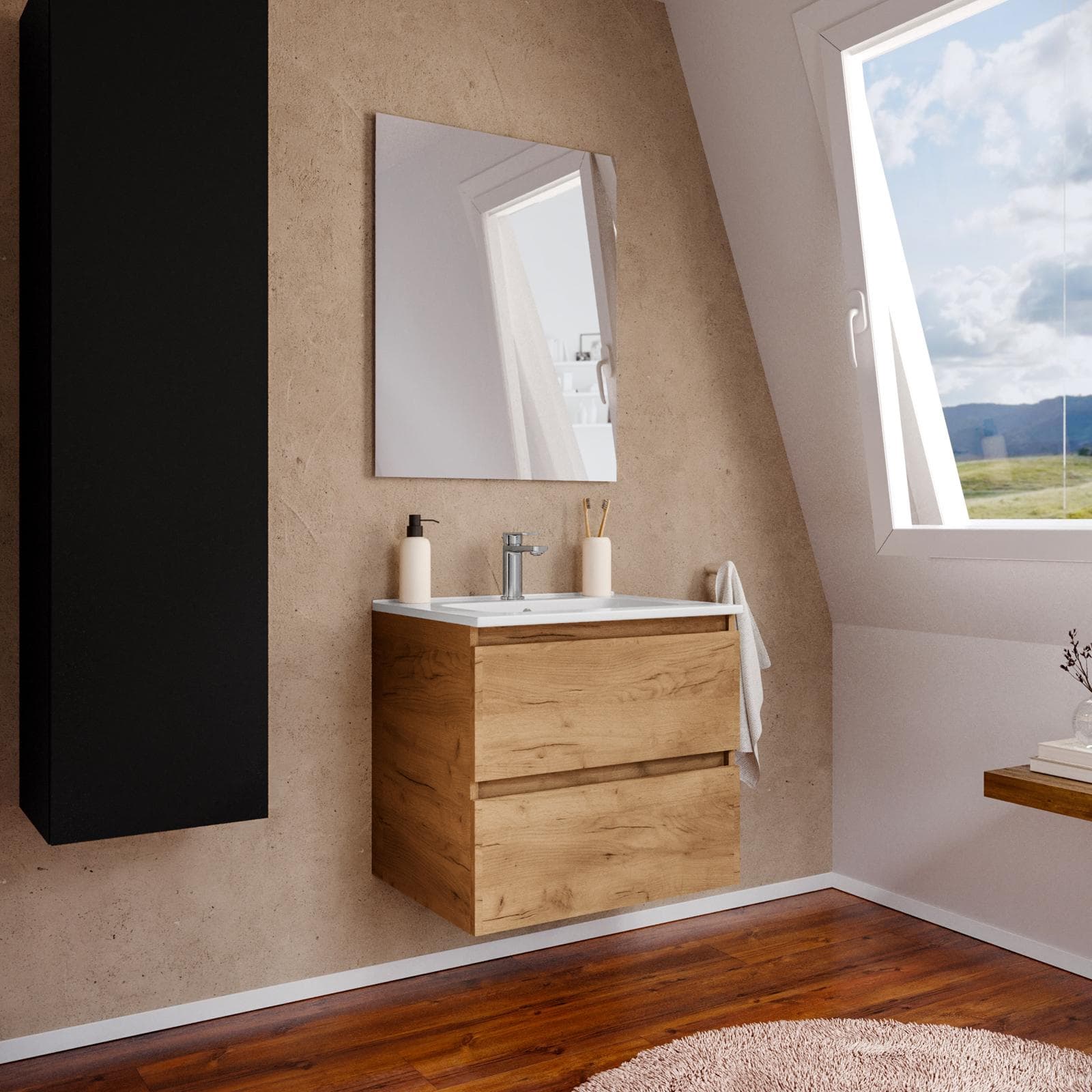 Mobile bagno sospeso 70 cm rovere africa con lavabo integrato e specchio - Anami