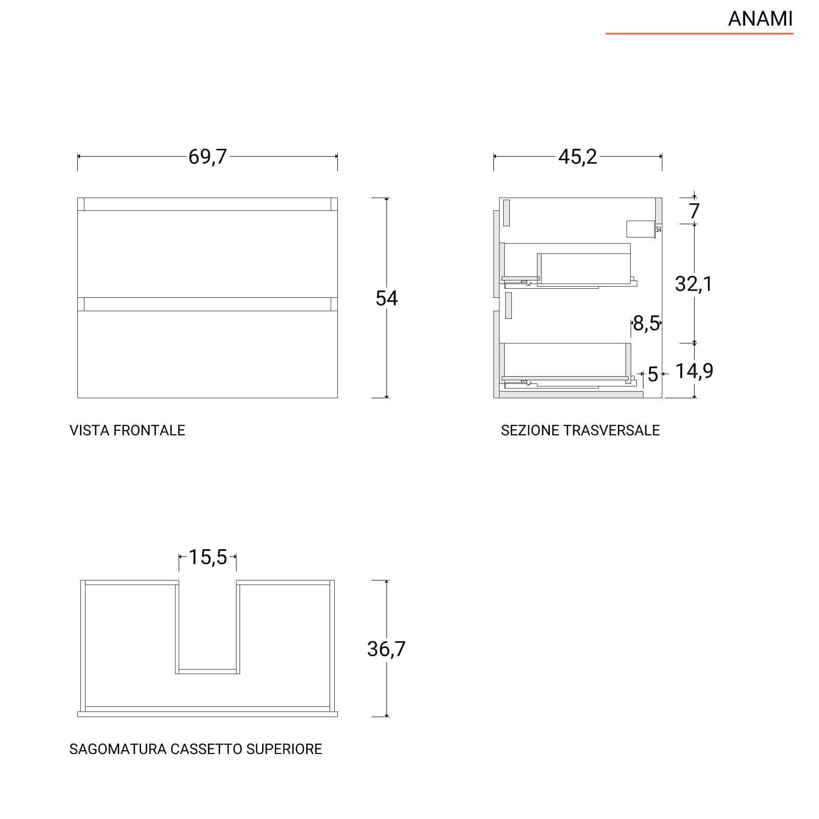 Mobile bagno sospeso 70 cm rovere africa con lavabo integrato e specchio - Anami
