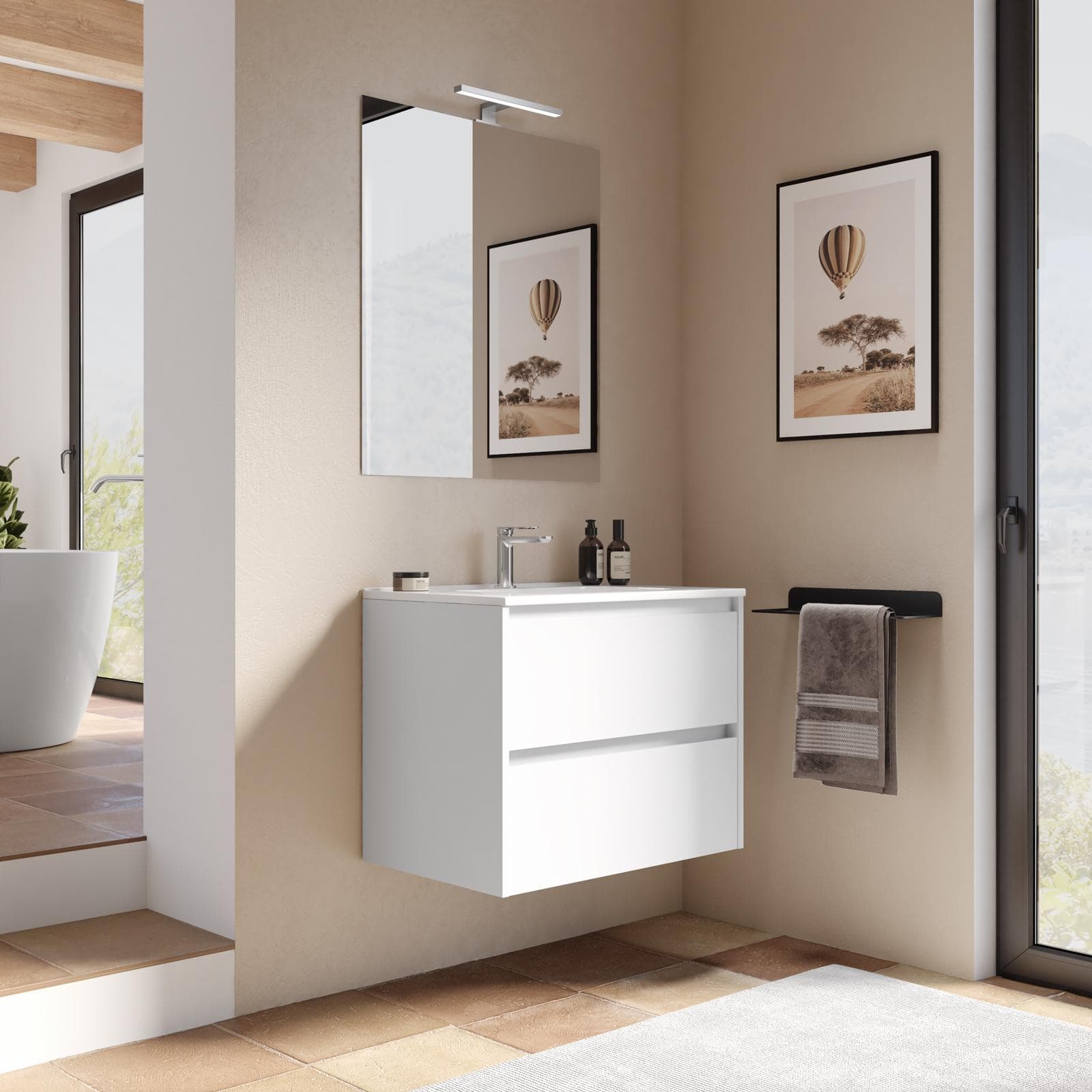 Mobile bagno sospeso 70 cm white satinato con cassetti e lavabo con specchio - Medora
