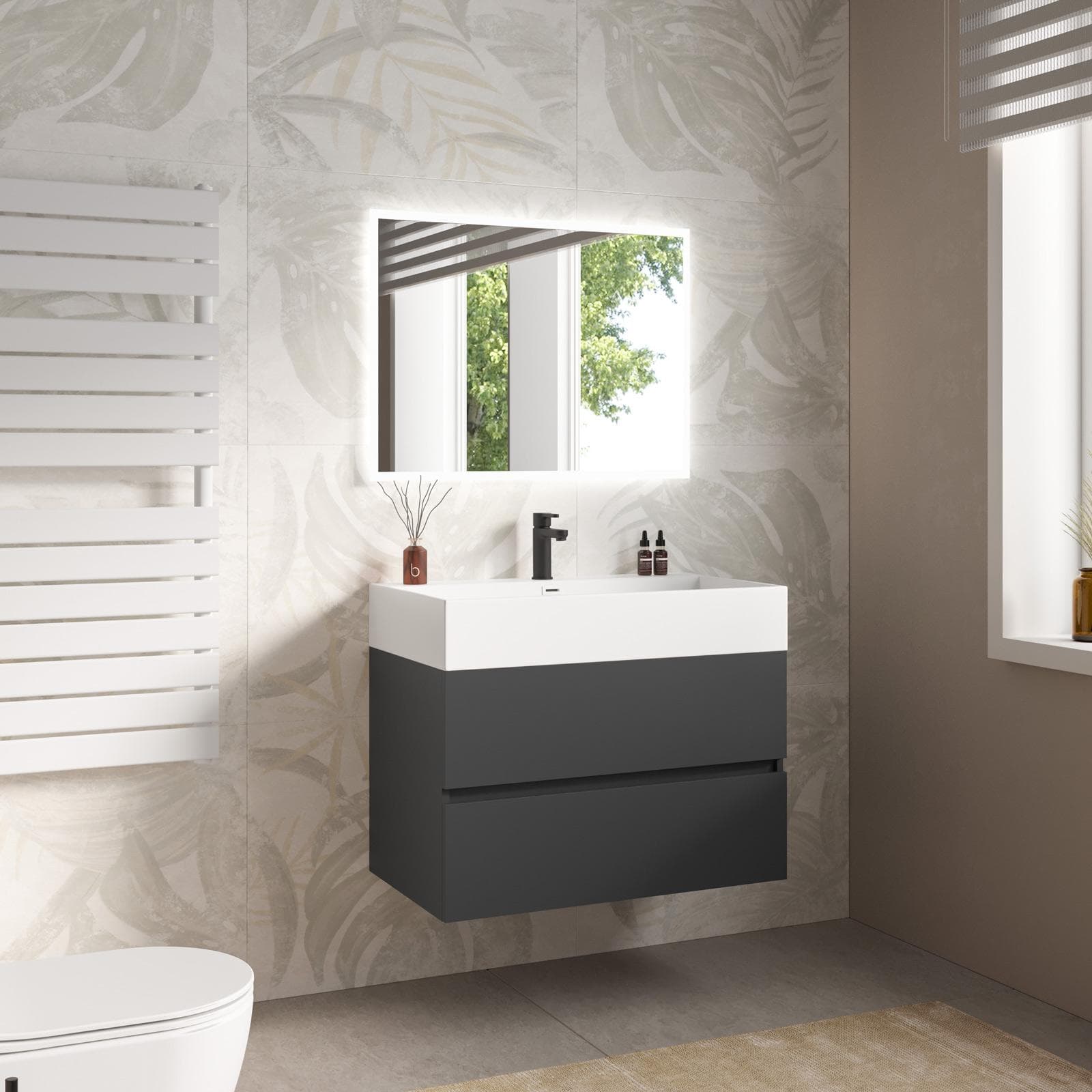 Mobile bagno sospeso 80 cm a due cassetti antracite con lavabo integrato e specchio - Cuki