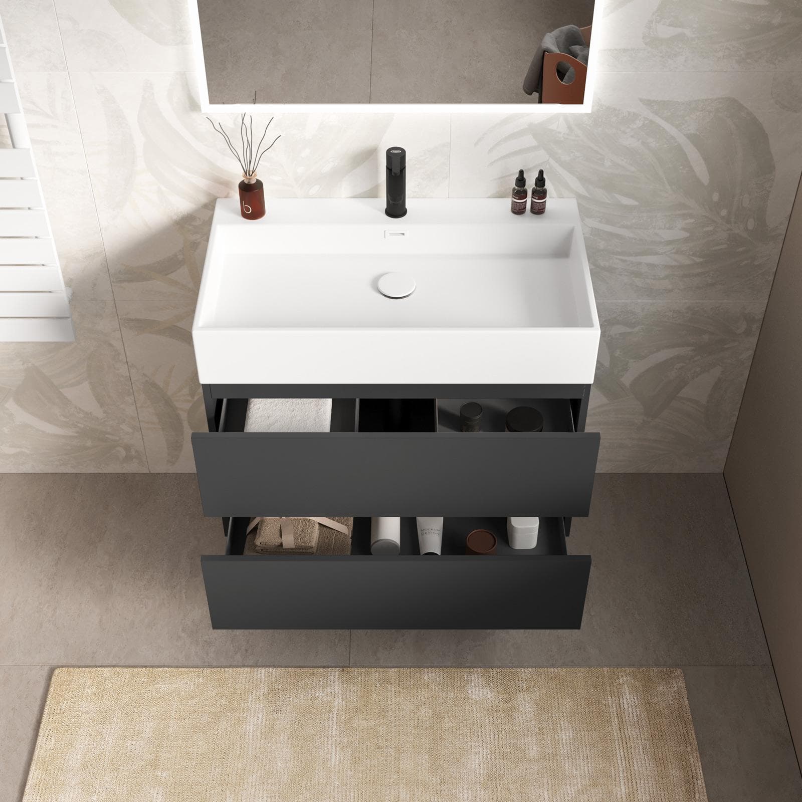 Mobile bagno sospeso 80 cm a due cassetti antracite con lavabo integrato e specchio - Cuki