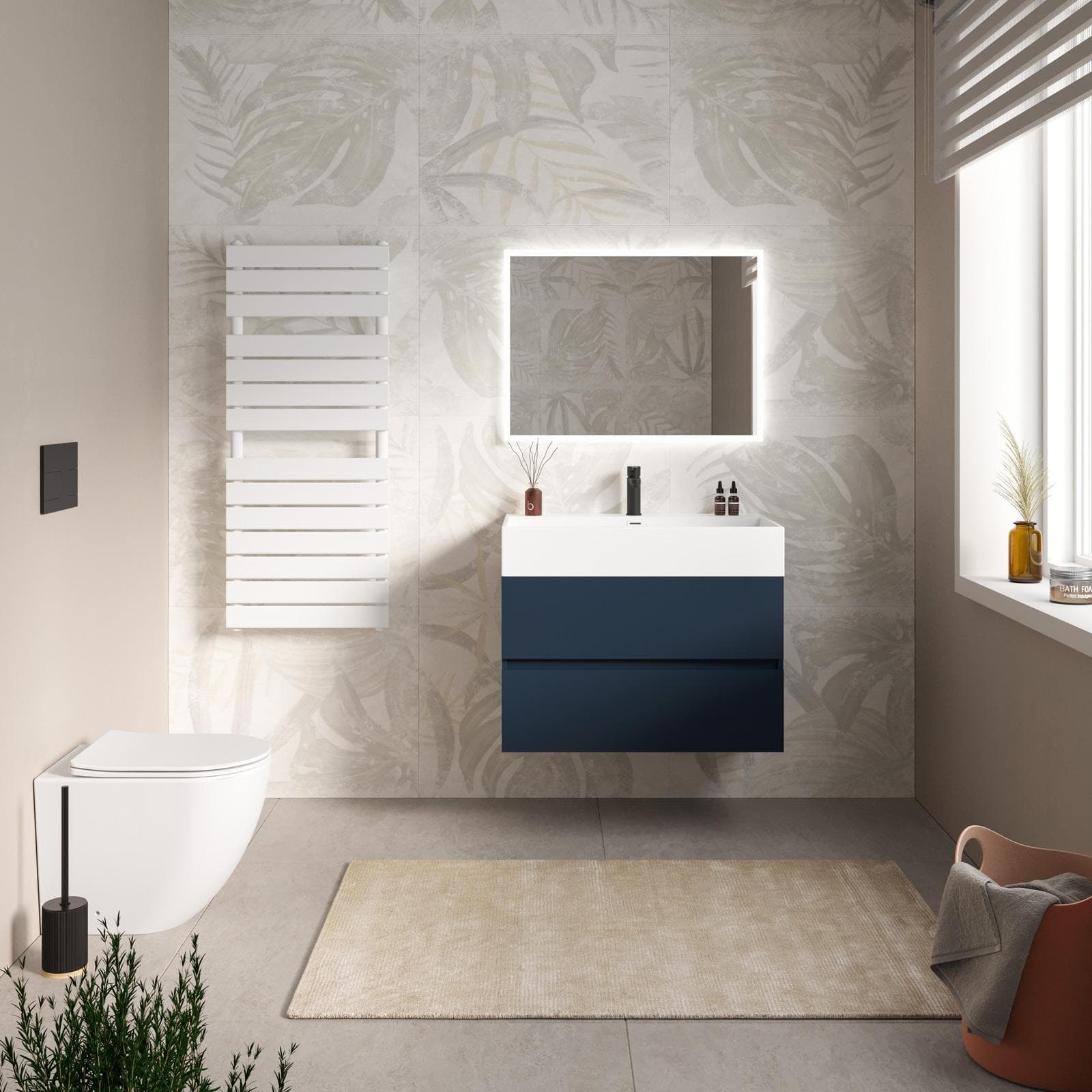 Mobile bagno sospeso 80 cm a due cassetti blu esotico con lavabo integrato e specchio - Cuki