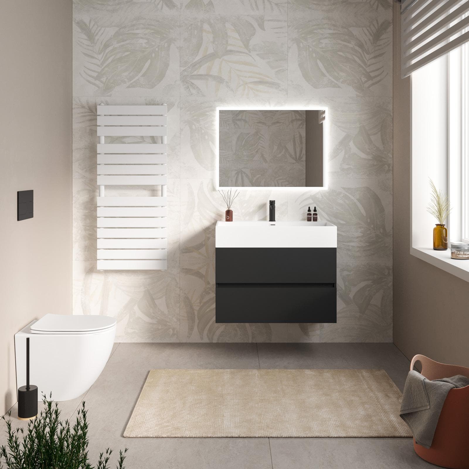 Mobile bagno sospeso 80 cm a due cassetti nero opaco con lavabo integrato e specchio - Cuki