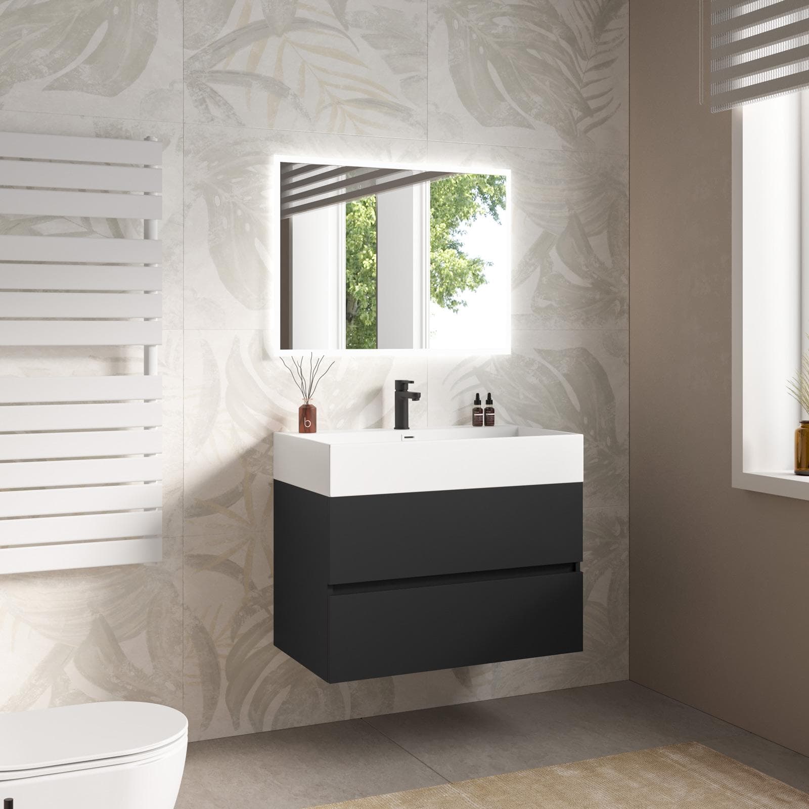 Mobile bagno sospeso 80 cm a due cassetti nero opaco con lavabo integrato e specchio - Cuki