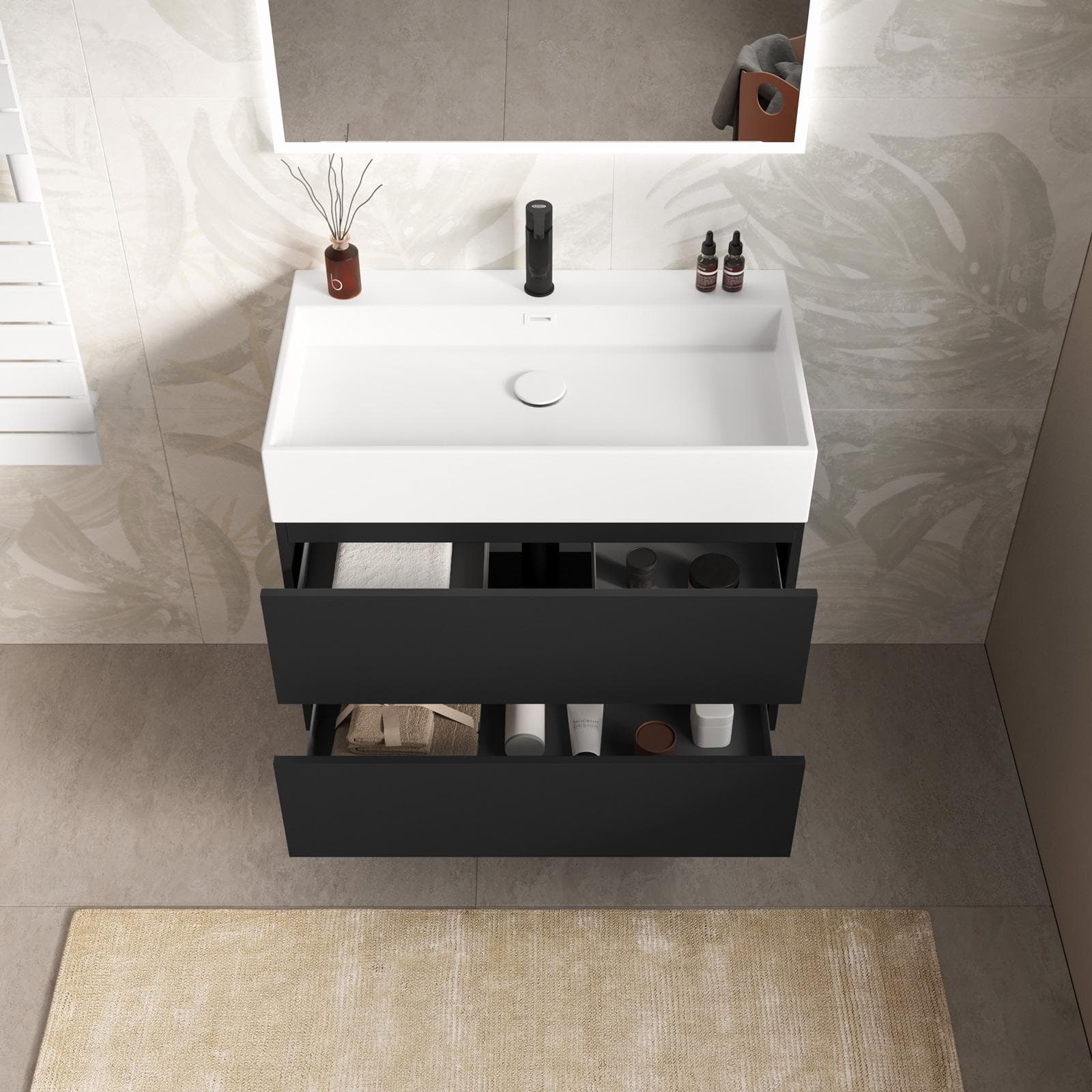 Mobile bagno sospeso 80 cm a due cassetti nero opaco con lavabo integrato e specchio - Cuki