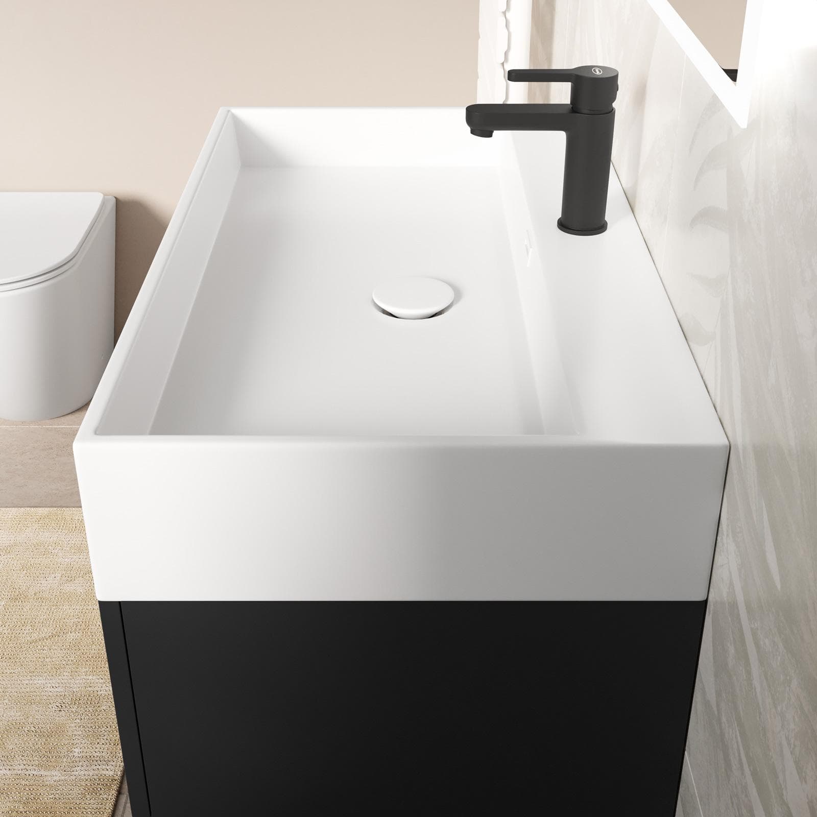 Mobile bagno sospeso 80 cm a due cassetti nero opaco con lavabo integrato e specchio - Cuki