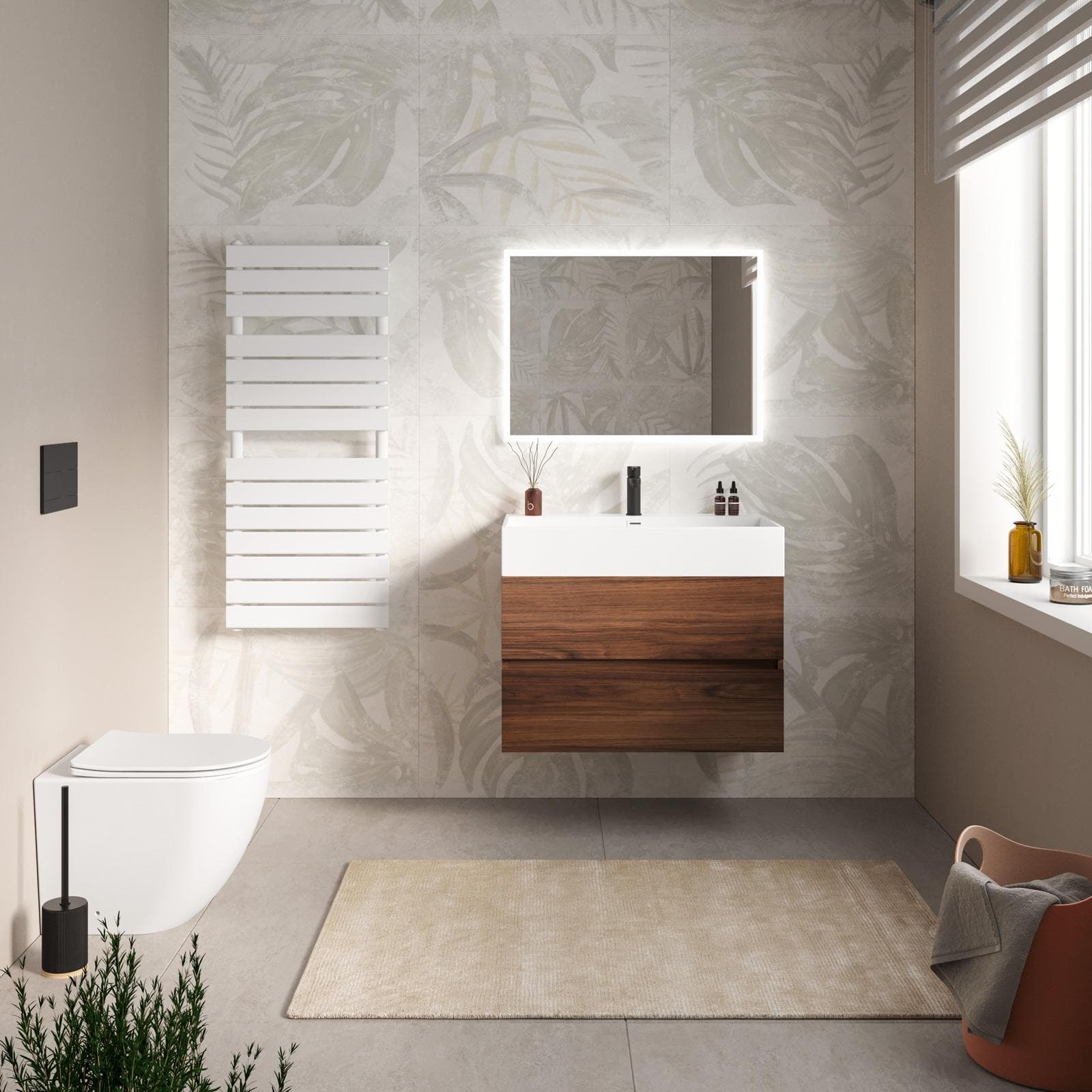 Mobile bagno sospeso 80 cm a due cassetti rovere deciso opaco con lavabo integrato e specchio - Cuki
