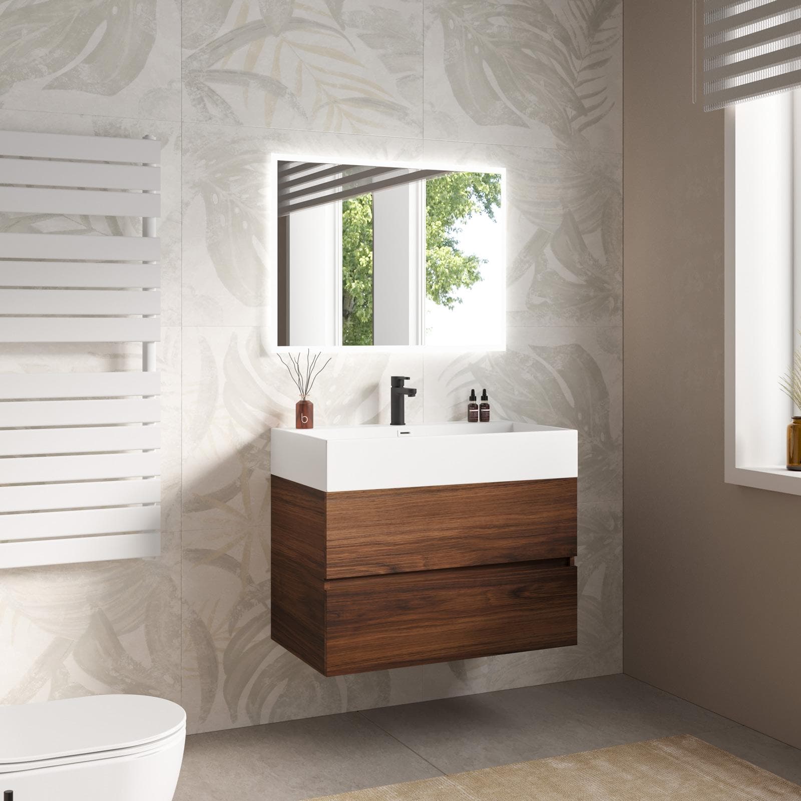 Mobile bagno sospeso 80 cm a due cassetti rovere deciso opaco con lavabo integrato e specchio - Cuki